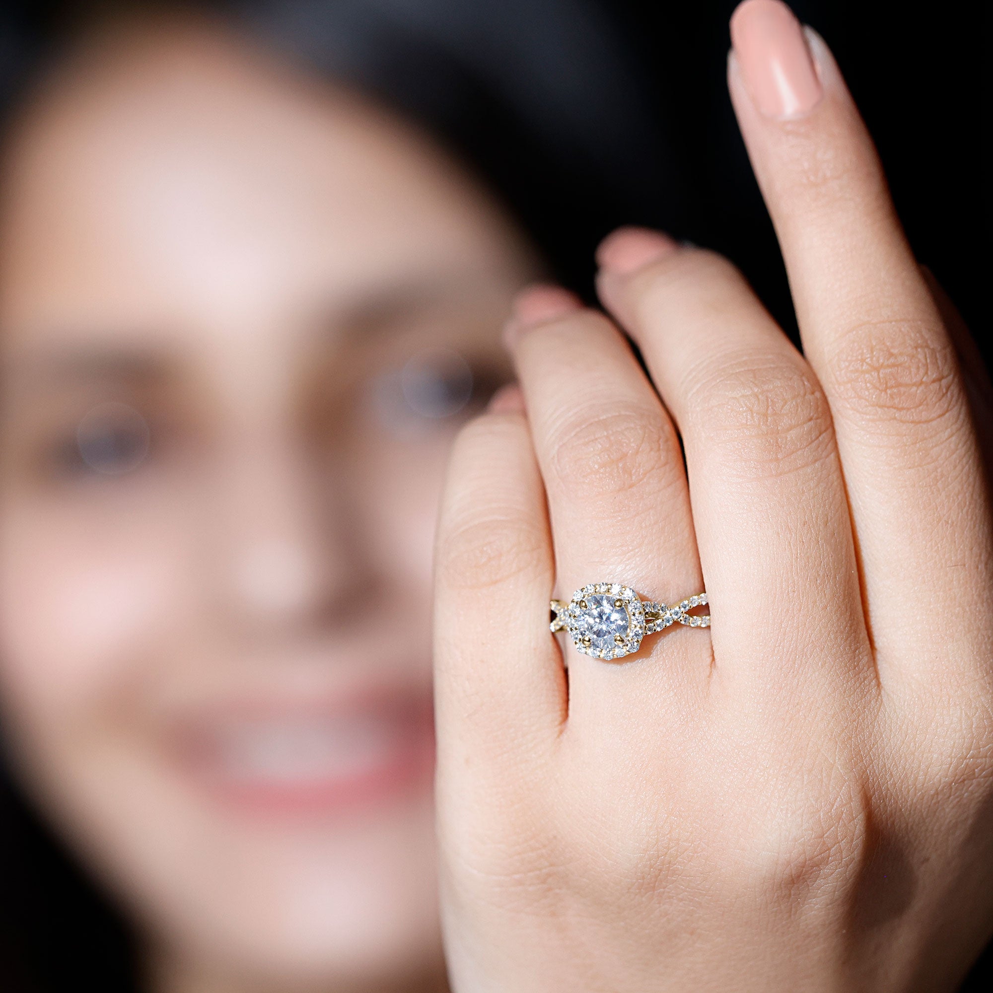 Certified Moissanite Halo Engagement Ring with Criss Cross Shank D-VS1 - Rosec Jewels