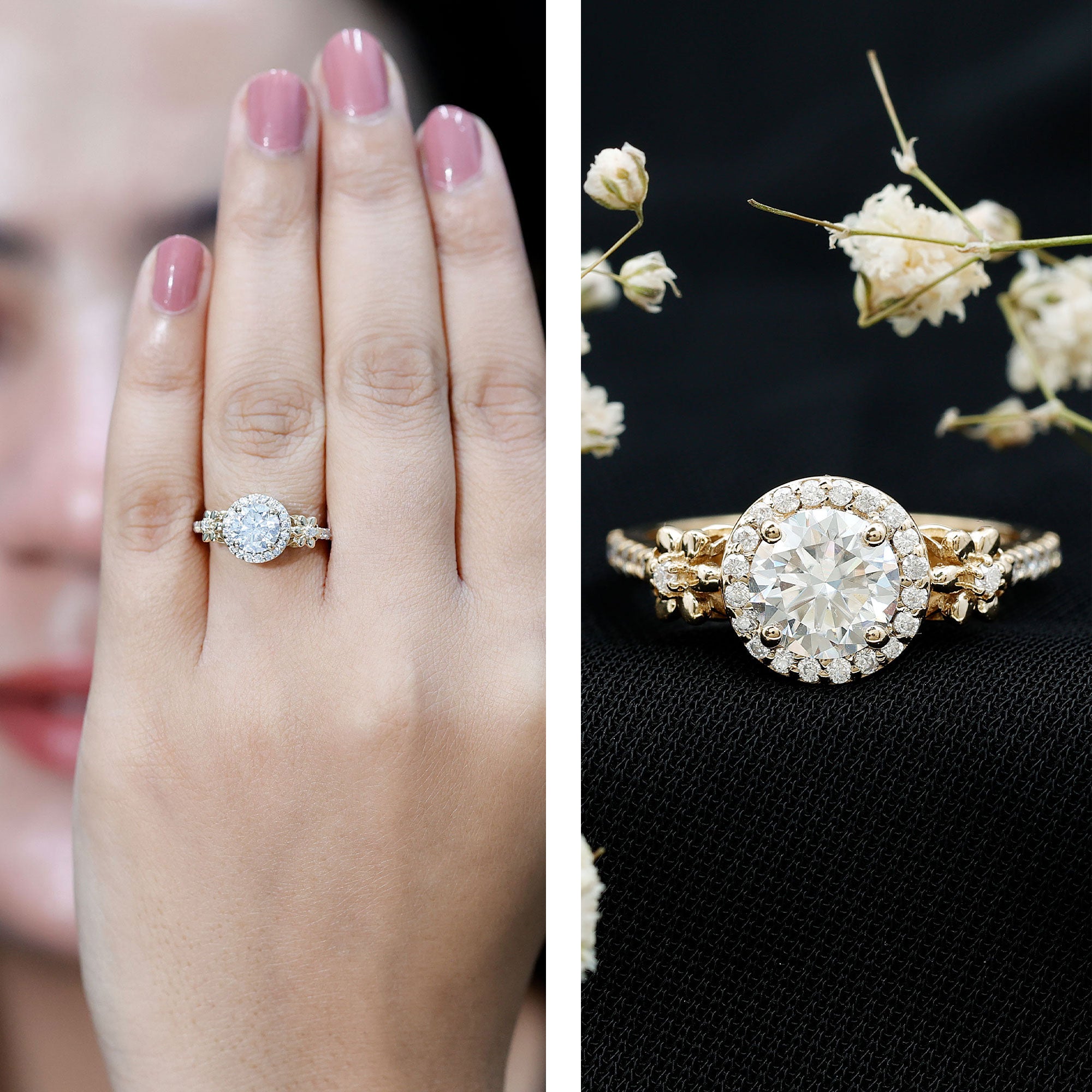 Certified 1 Carat Moissanite Floral Engagement Ring for Women D-VS1 - Rosec Jewels