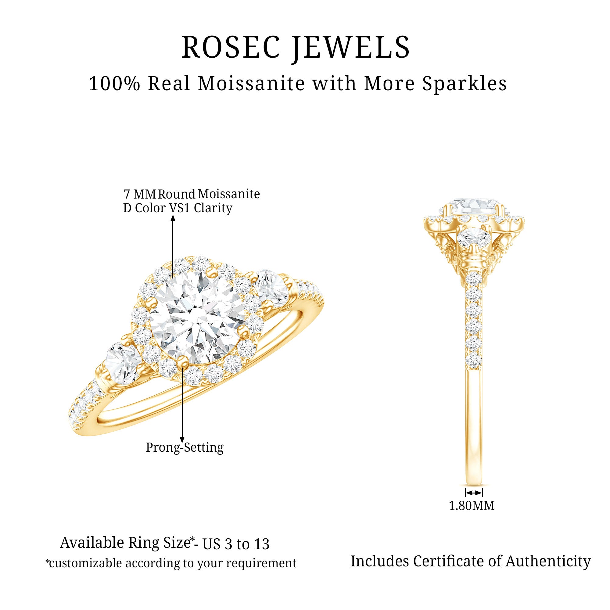Rosec Jewels-Moissanite Halo Engagement Ring for Her with Certificate