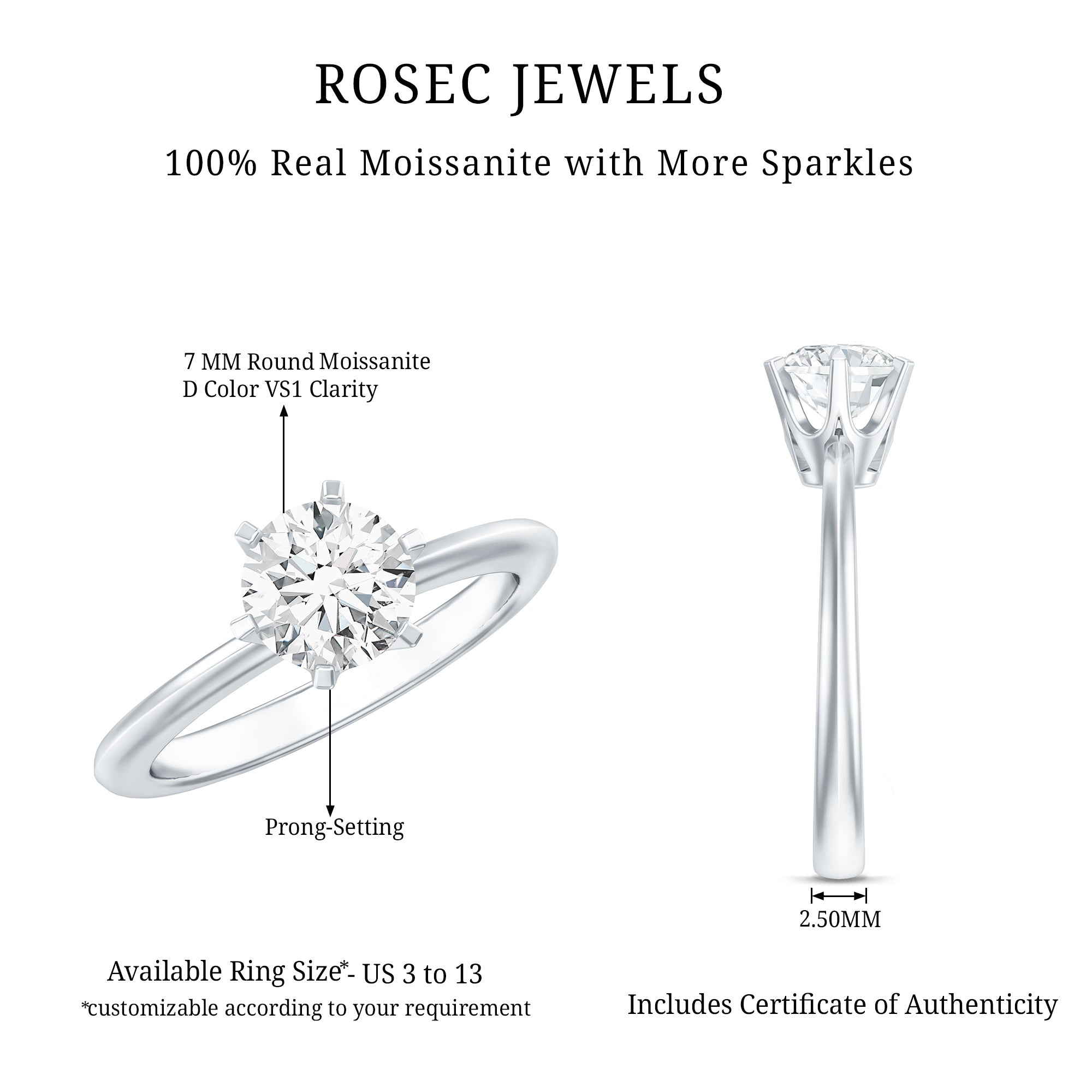 Certified 1 CT Moissanite Round Solitaire Engagement Ring D-VS1 - Rosec Jewels