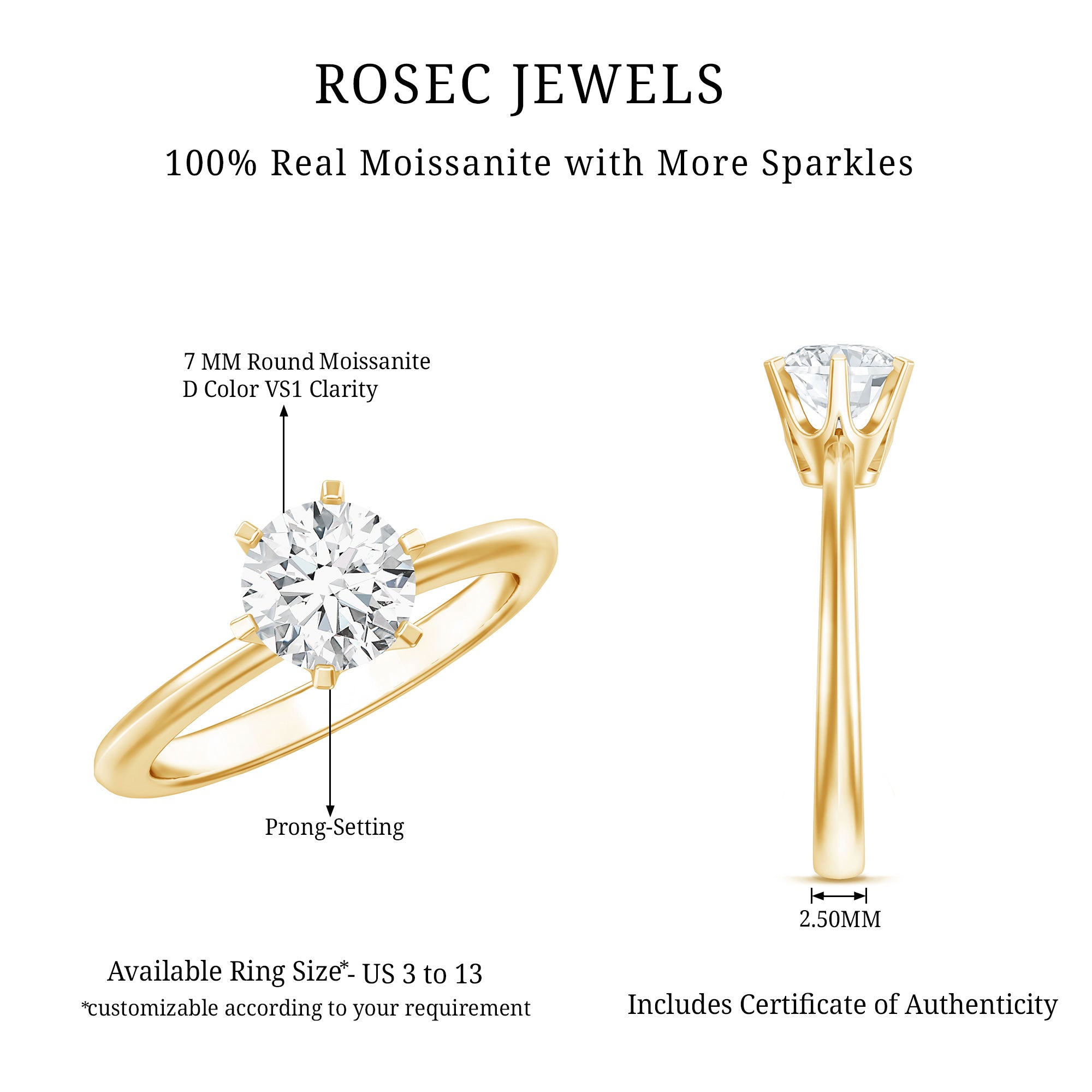 Certified 1 CT Moissanite Round Solitaire Engagement Ring D-VS1 - Rosec Jewels