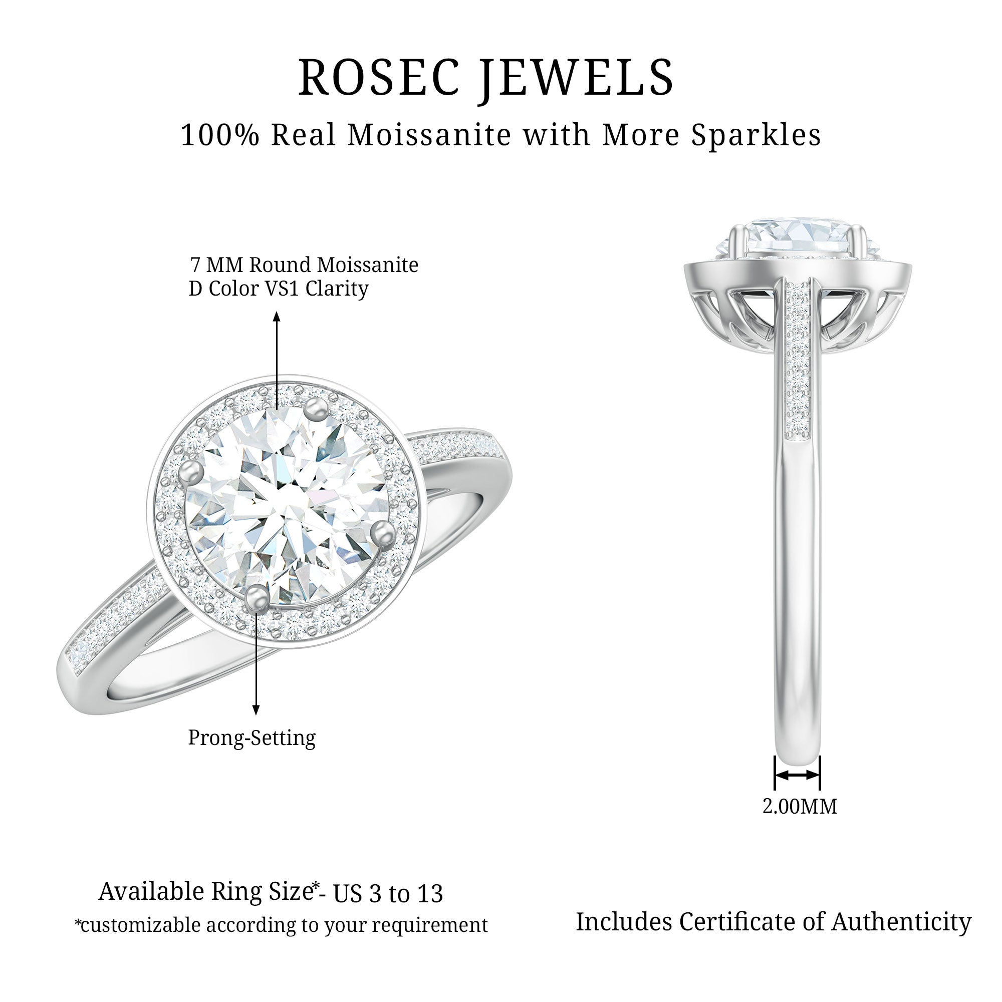 Round Moissanite Halo Engagement Ring with Certificate D-VS1 - Rosec Jewels