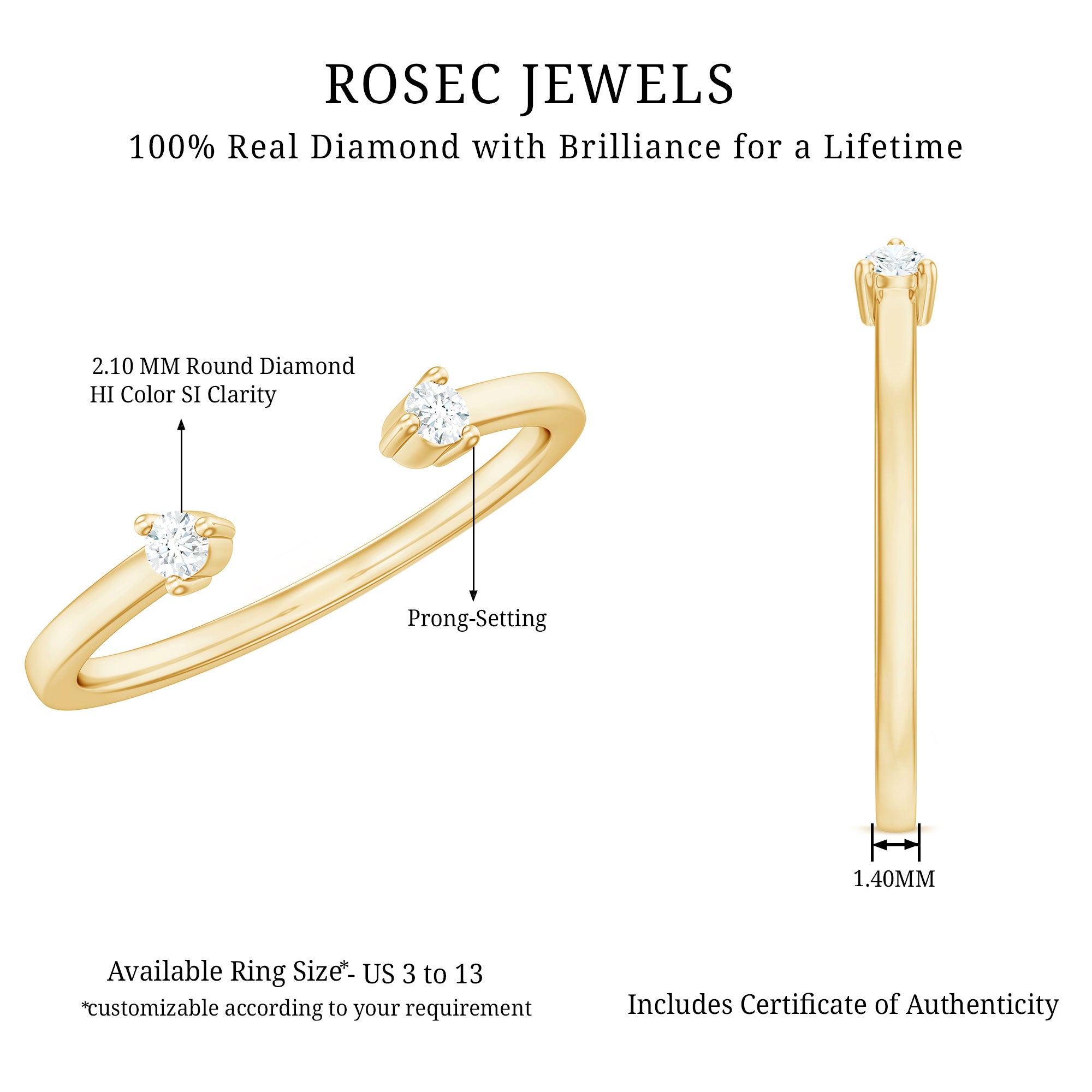 Dainty Diamond Two Stone Open Cuff Ring for Women Natural - ( HI-SI ) - Rosec Jewels