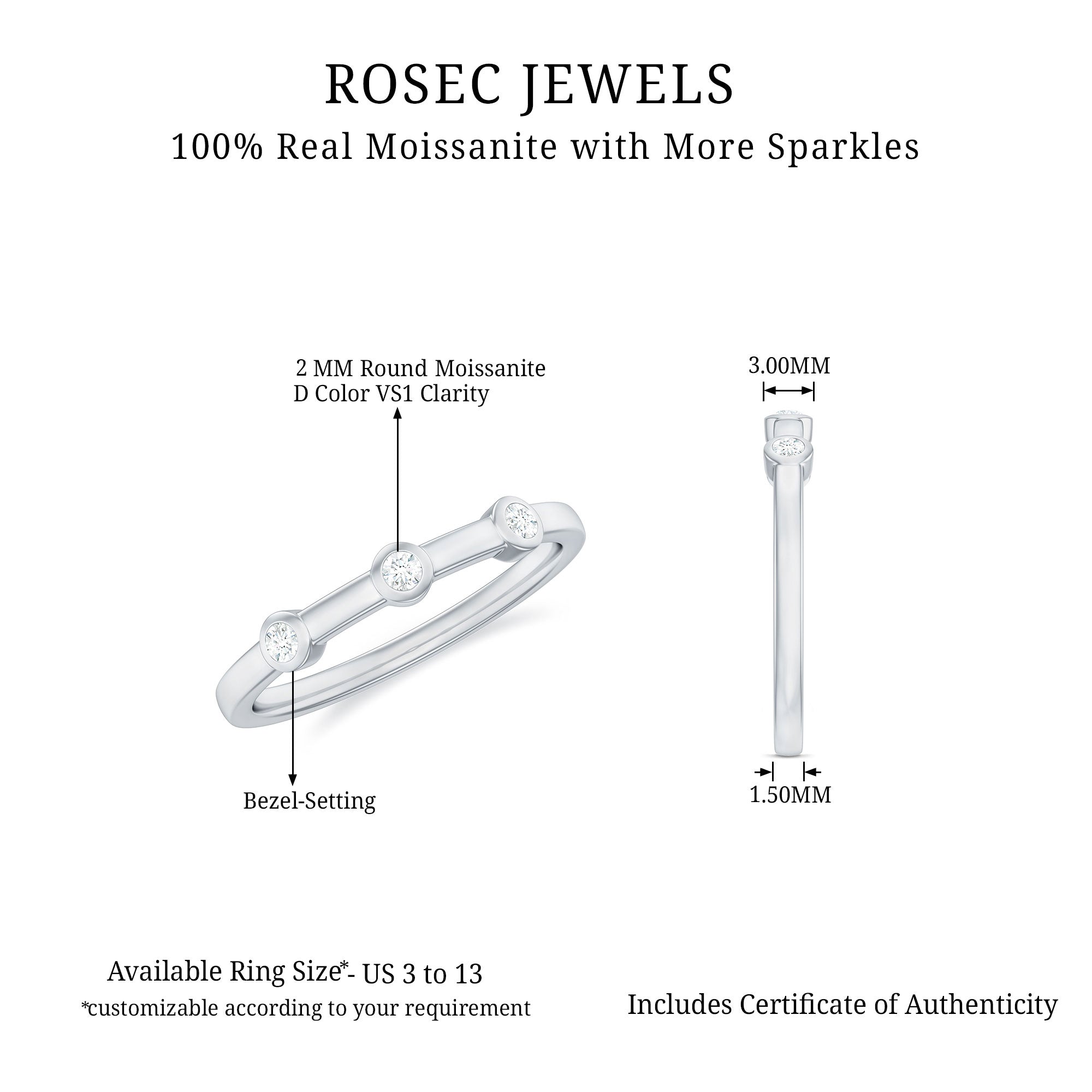 Certified Moissanite Three Stone Stackable Ring in Bezel Setting D-VS1 - Rosec Jewels