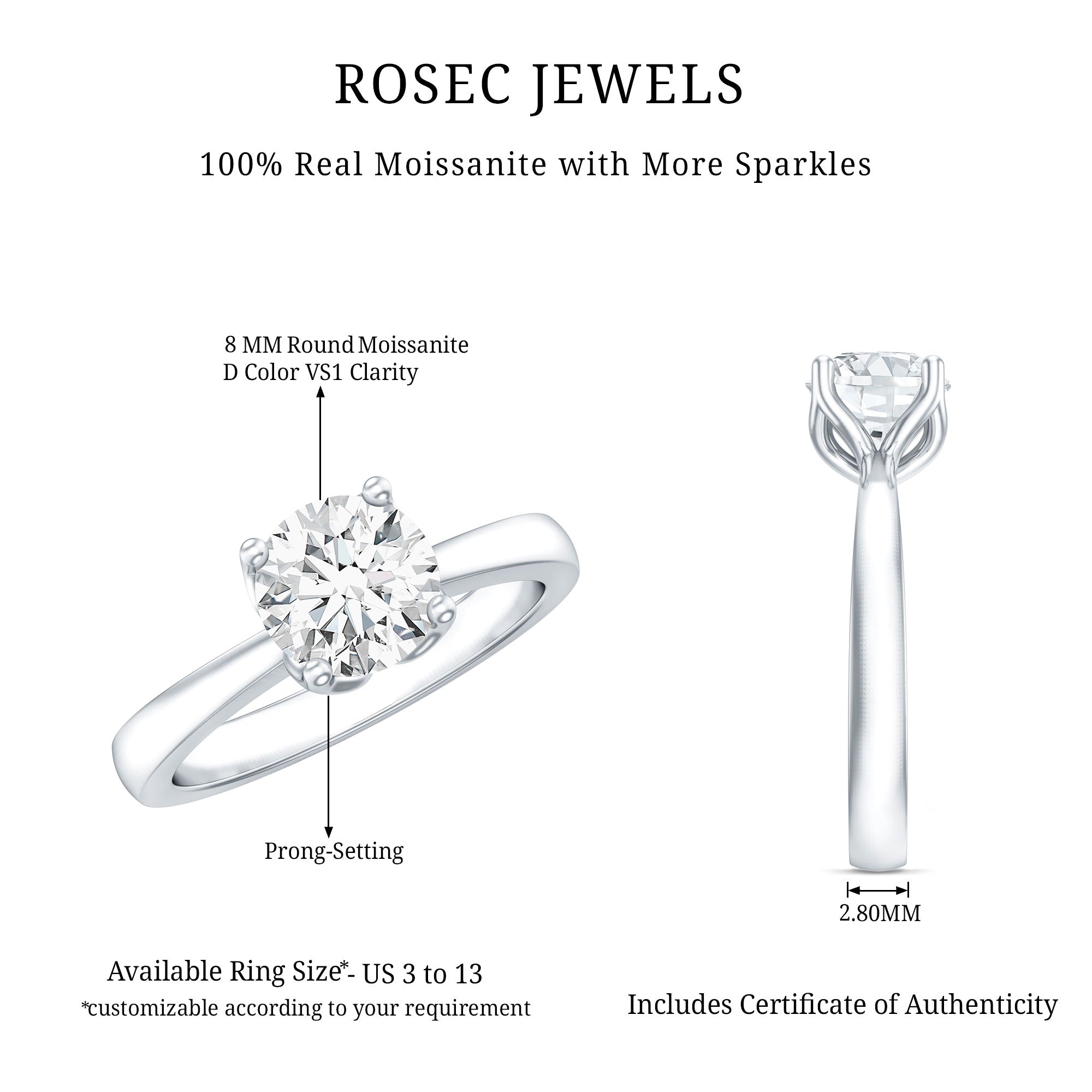 Petal Prong Set Round Moissanite Solitaire Engagement Ring D-VS1 - Rosec Jewels