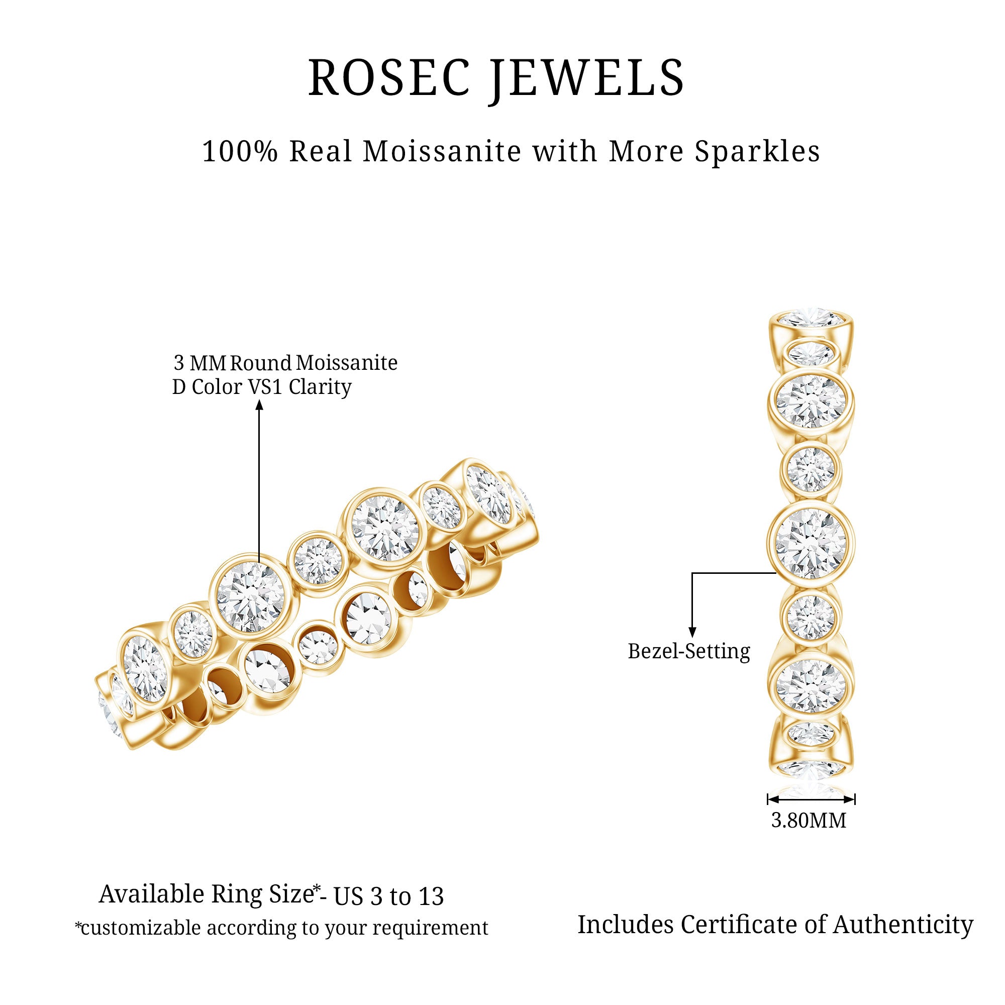 Certified Round Cut Moissanite Eternity Stackable Ring For Her D-VS1 - Rosec Jewels