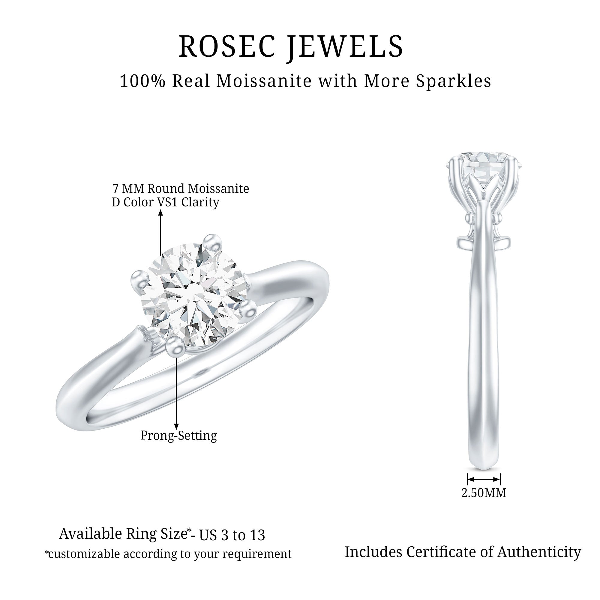 Round Shaped Moissanite Solitaire Engagement Ring D-VS1 - Rosec Jewels