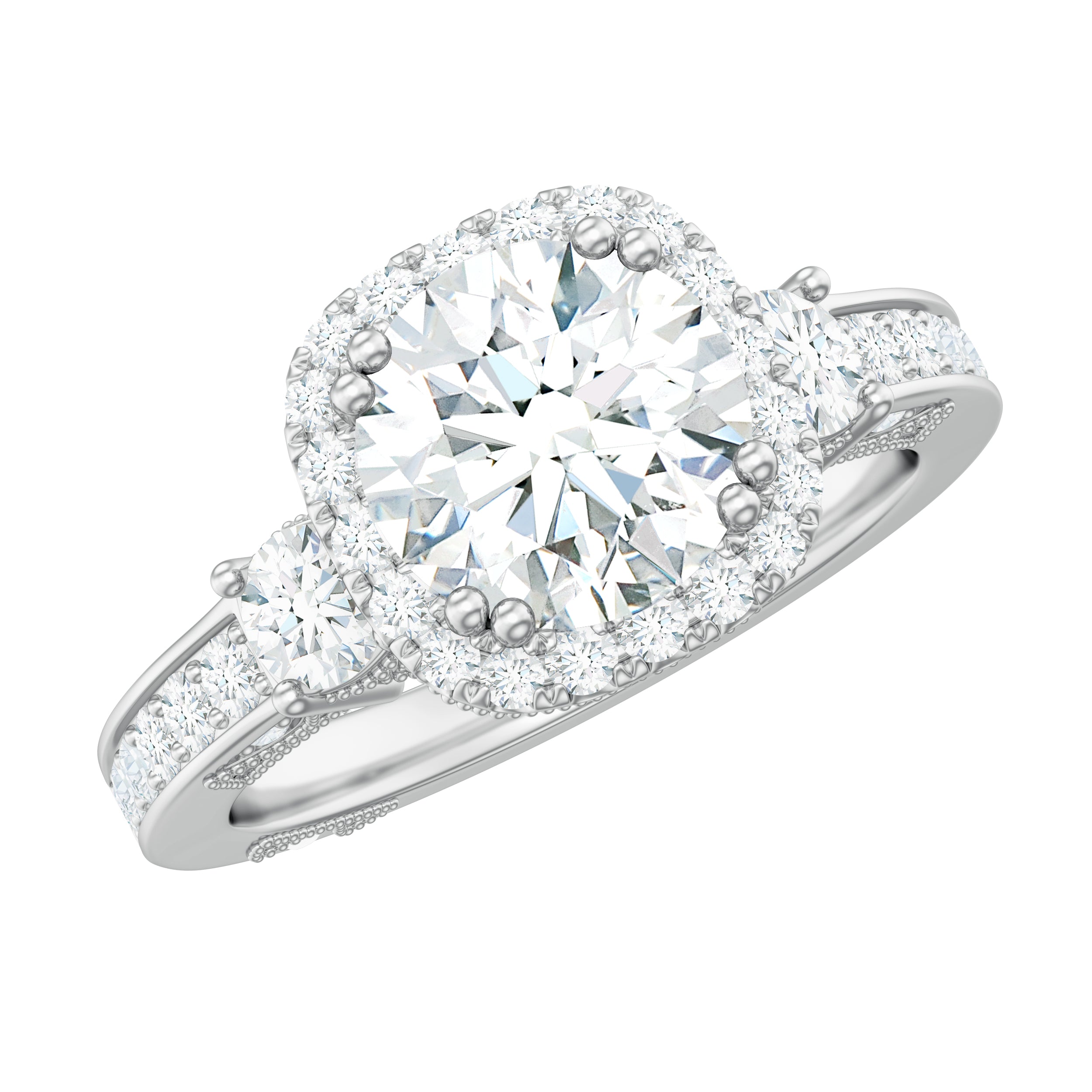 Vintage Inspired Zircon Engagement Ring with Beaded Gold