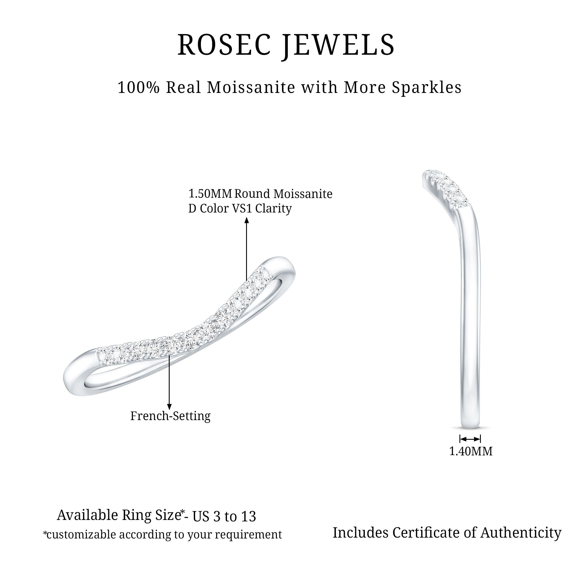 Curved Stackable Ring with Certified Moissanite D-VS1 - Rosec Jewels