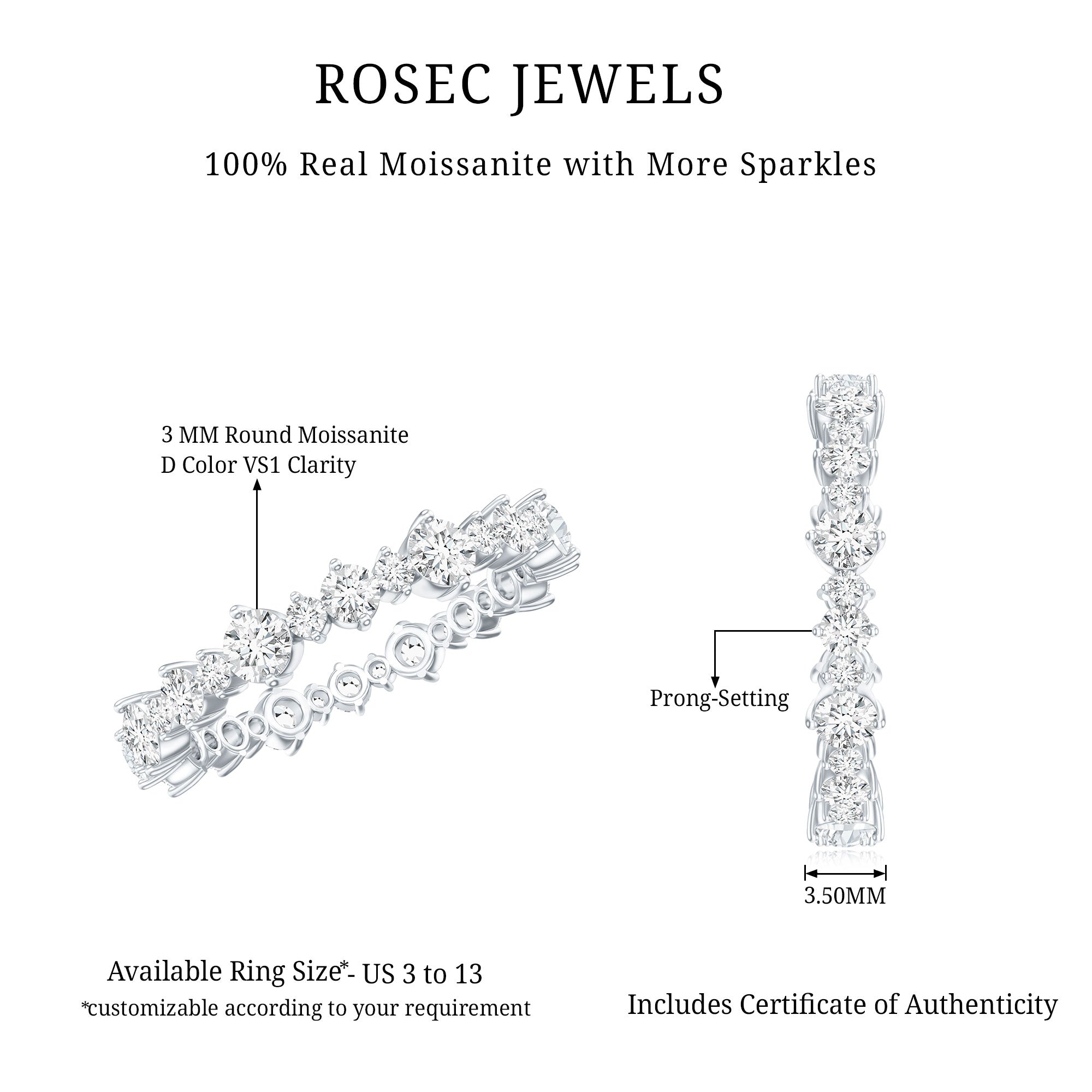 Rosec Jewels-Round Certified Moissanite Stackable Eternity Ring For Women