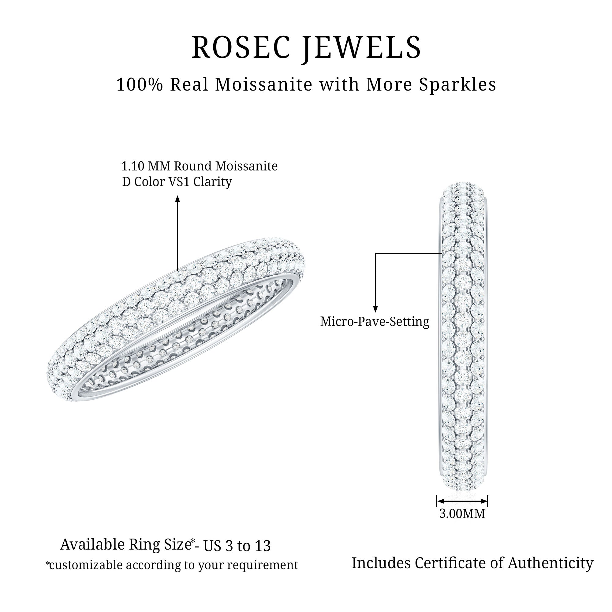 Classic Moissanite Eternity Wedding Band for Women D-VS1 - Rosec Jewels
