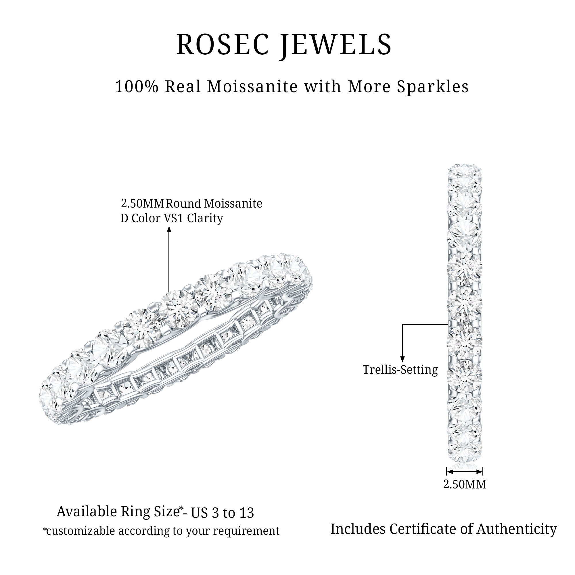Brilliant Cut Moissanite Eternity Wedding Ring for Women D-VS1 - Rosec Jewels