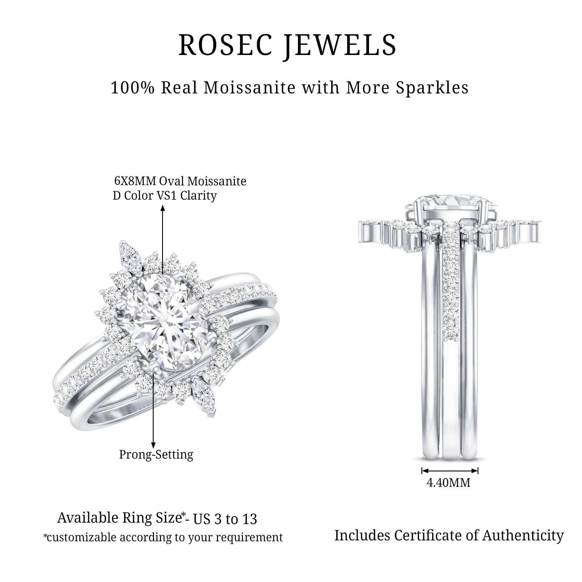 Certified Moissanite Oval Engagement Ring Set With Wedding Bands D-VS1 - Rosec Jewels