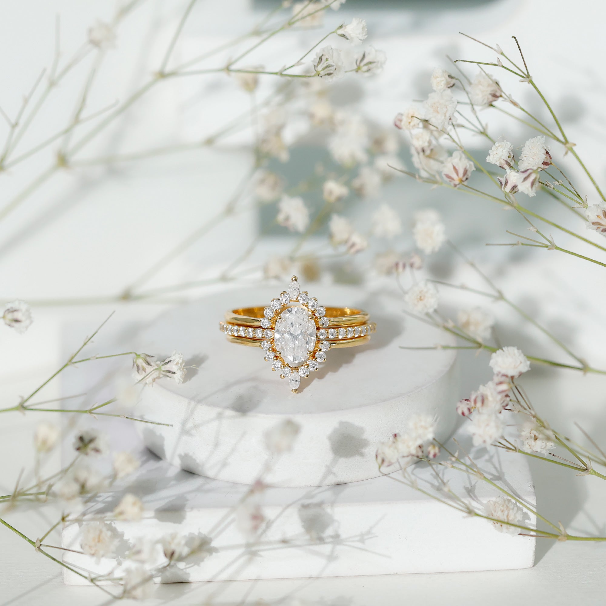 Certified Moissanite Oval Engagement Ring Set With Wedding Bands D-VS1 - Rosec Jewels