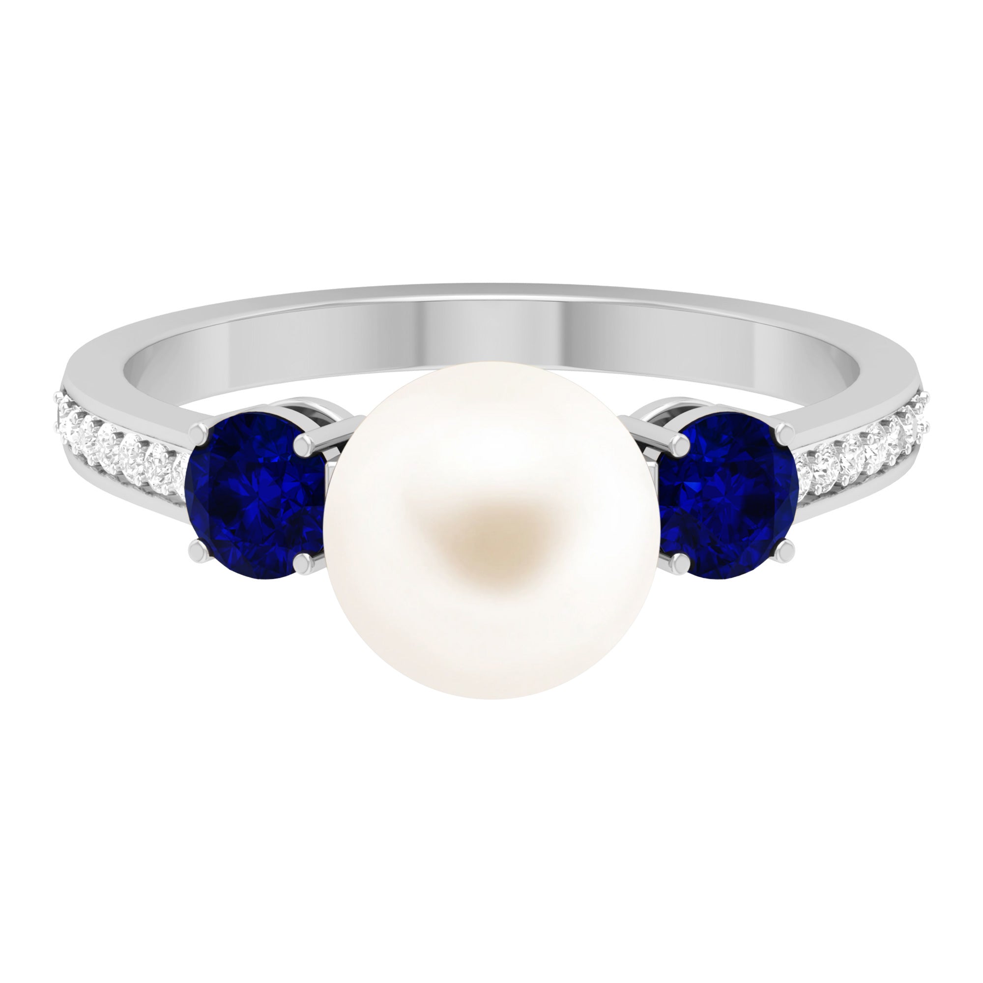 Rosec Jewels-White Pearl and Sapphire 3 Stone Engagement Ring with Diamond