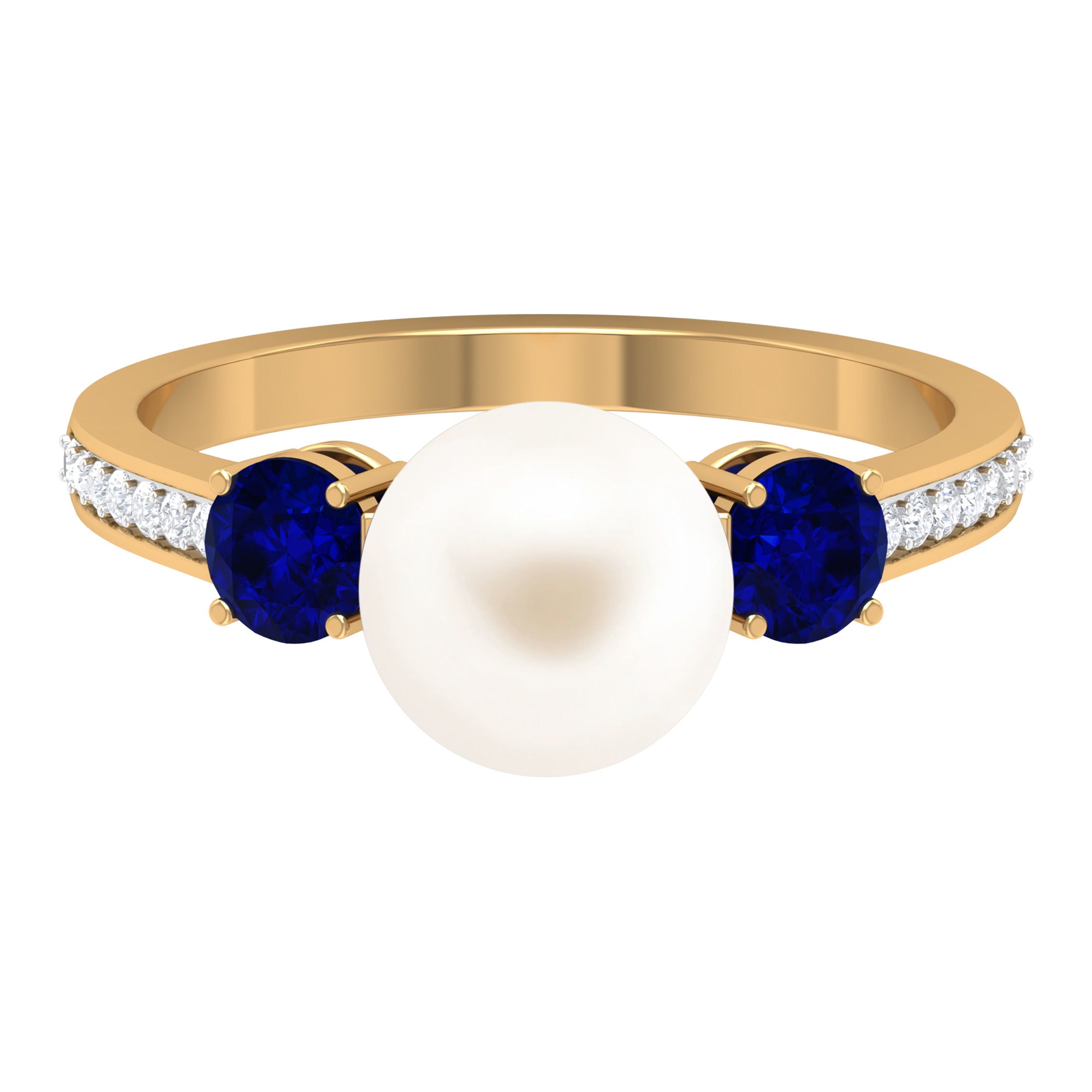 Rosec Jewels-White Pearl and Sapphire 3 Stone Engagement Ring with Diamond