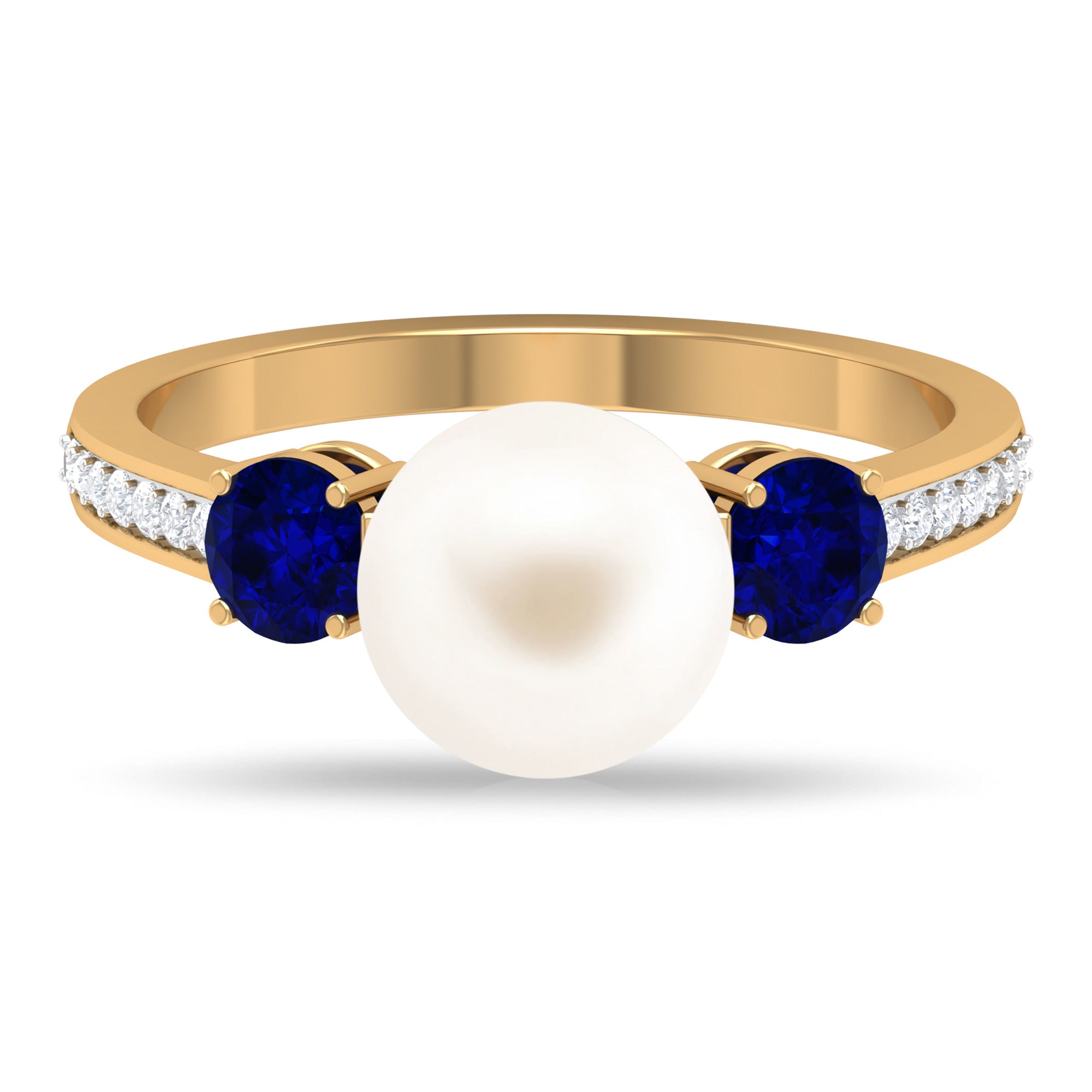 Rosec Jewels-White Pearl and Sapphire 3 Stone Engagement Ring with Diamond