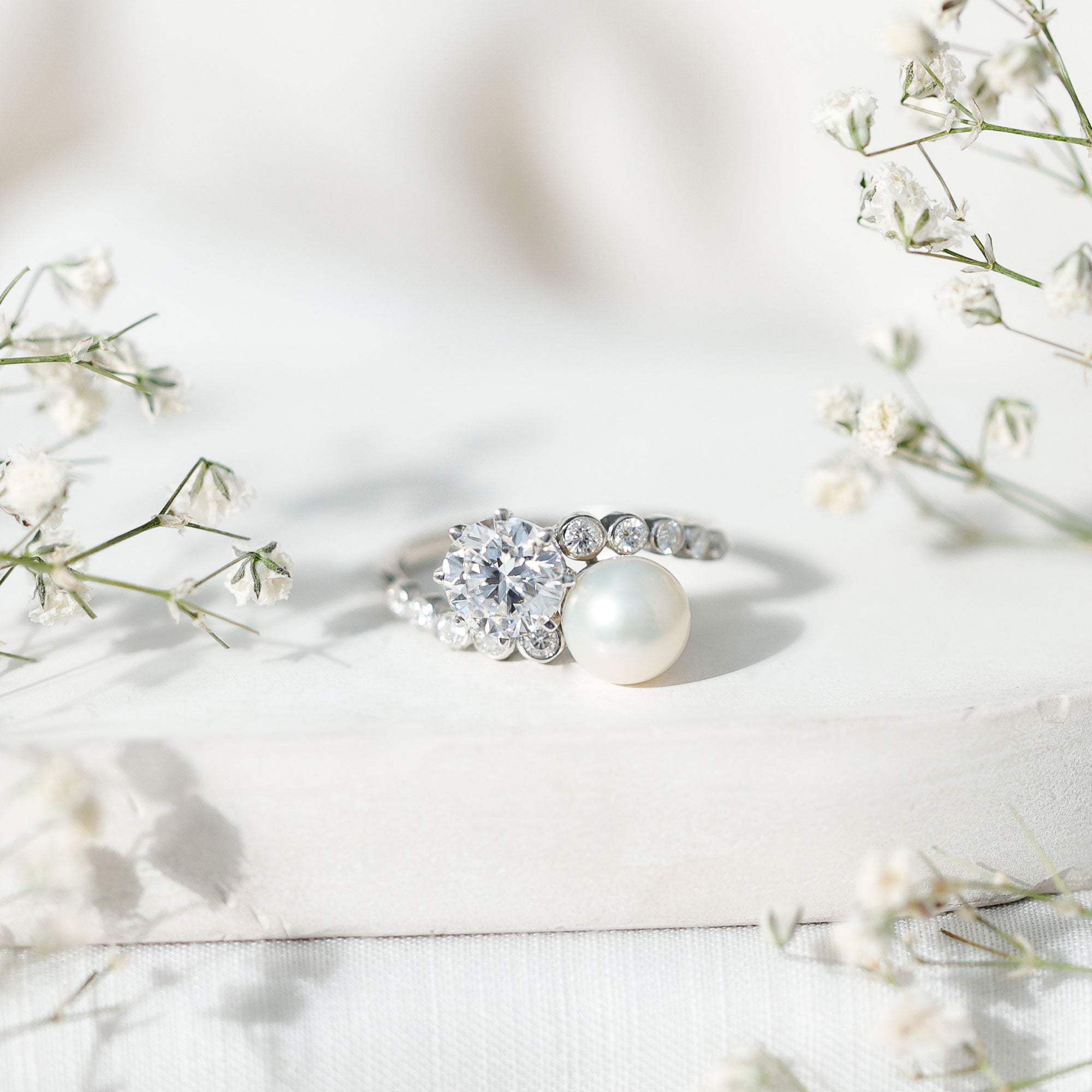 Freshwater Pearl and Moissanite Toi Et Moi Cocktail Ring AAA - Rosec Jewels
