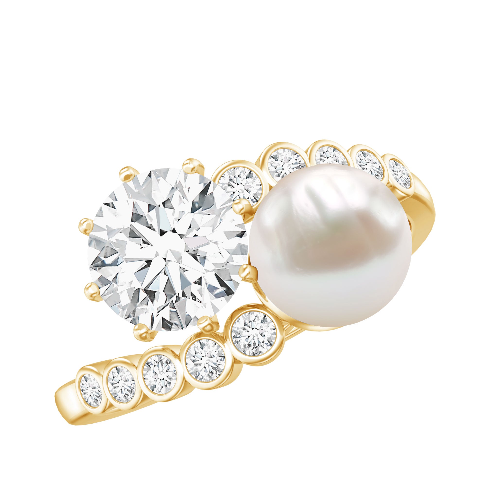 Freshwater Pearl and Moissanite Toi Et Moi Cocktail Ring AAA - Rosec Jewels