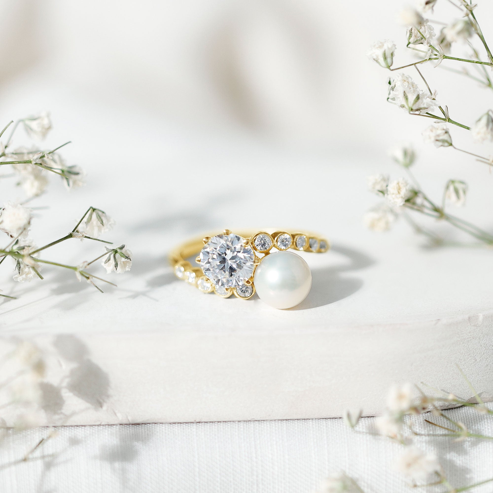 Freshwater Pearl and Moissanite Toi Et Moi Cocktail Ring AAA - Rosec Jewels