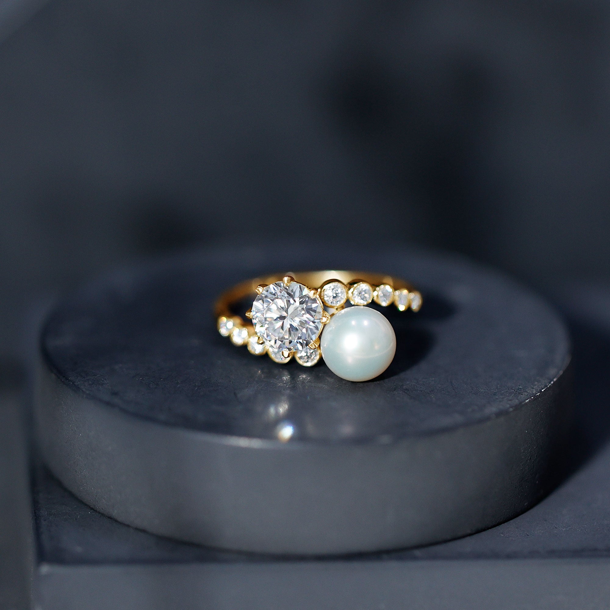 Freshwater Pearl and Moissanite Toi Et Moi Cocktail Ring AAA - Rosec Jewels