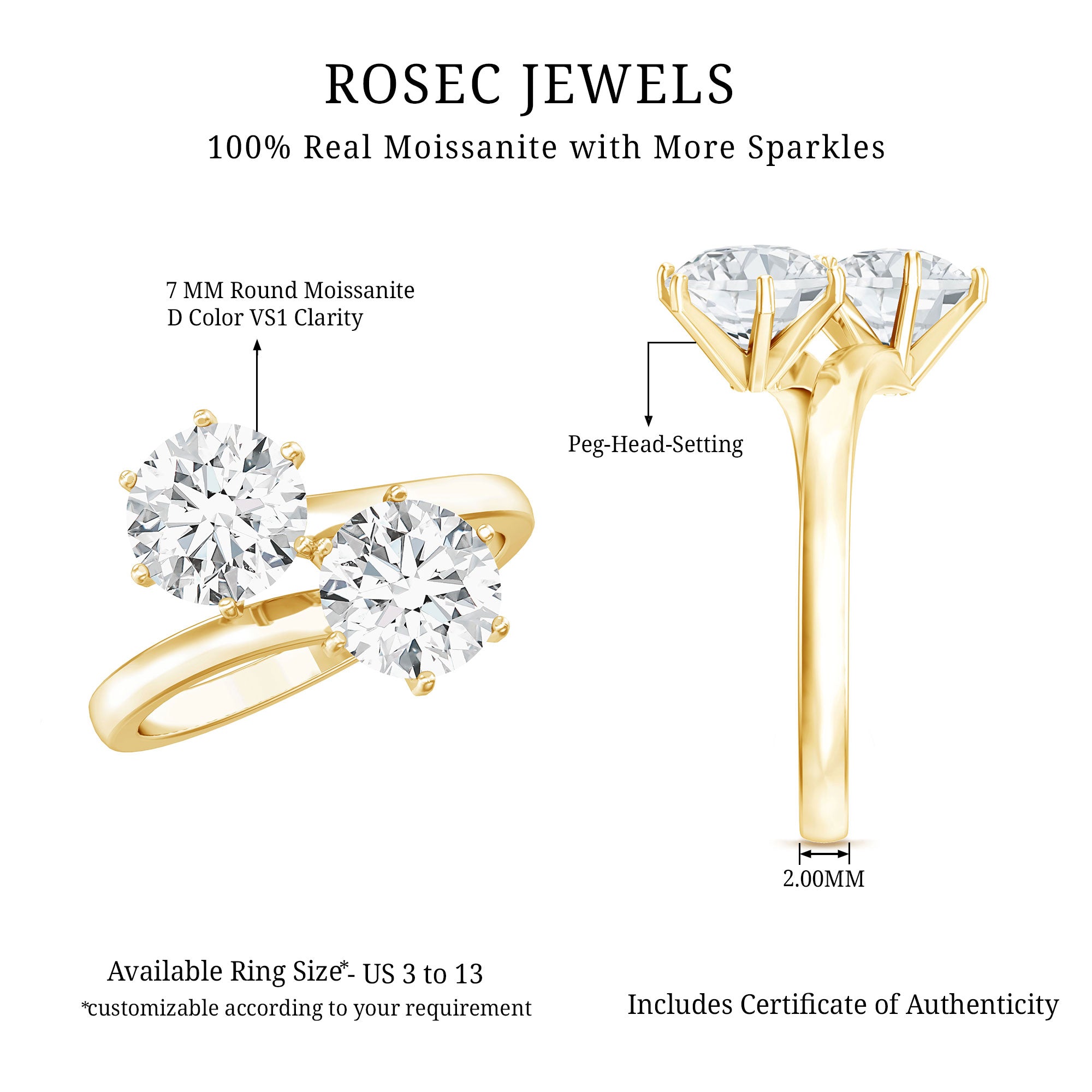 7 MM Round Certified Moissanite Toi et Moi Engagement Ring D-VS1 - Rosec Jewels