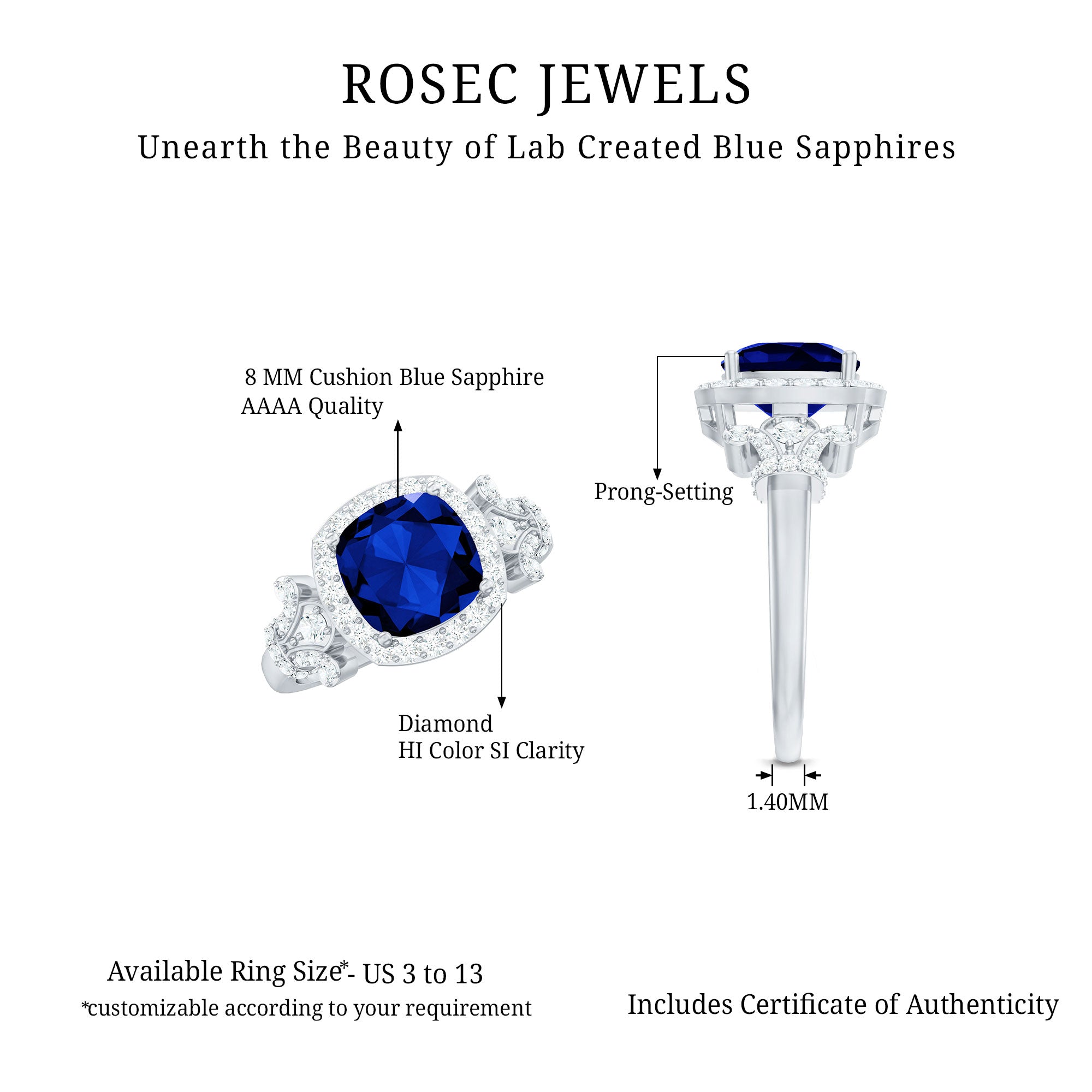 Rosec Jewels-3.5 CT Cushion Cut Created Blue Sapphire Engagement Ring with Diamond Accent