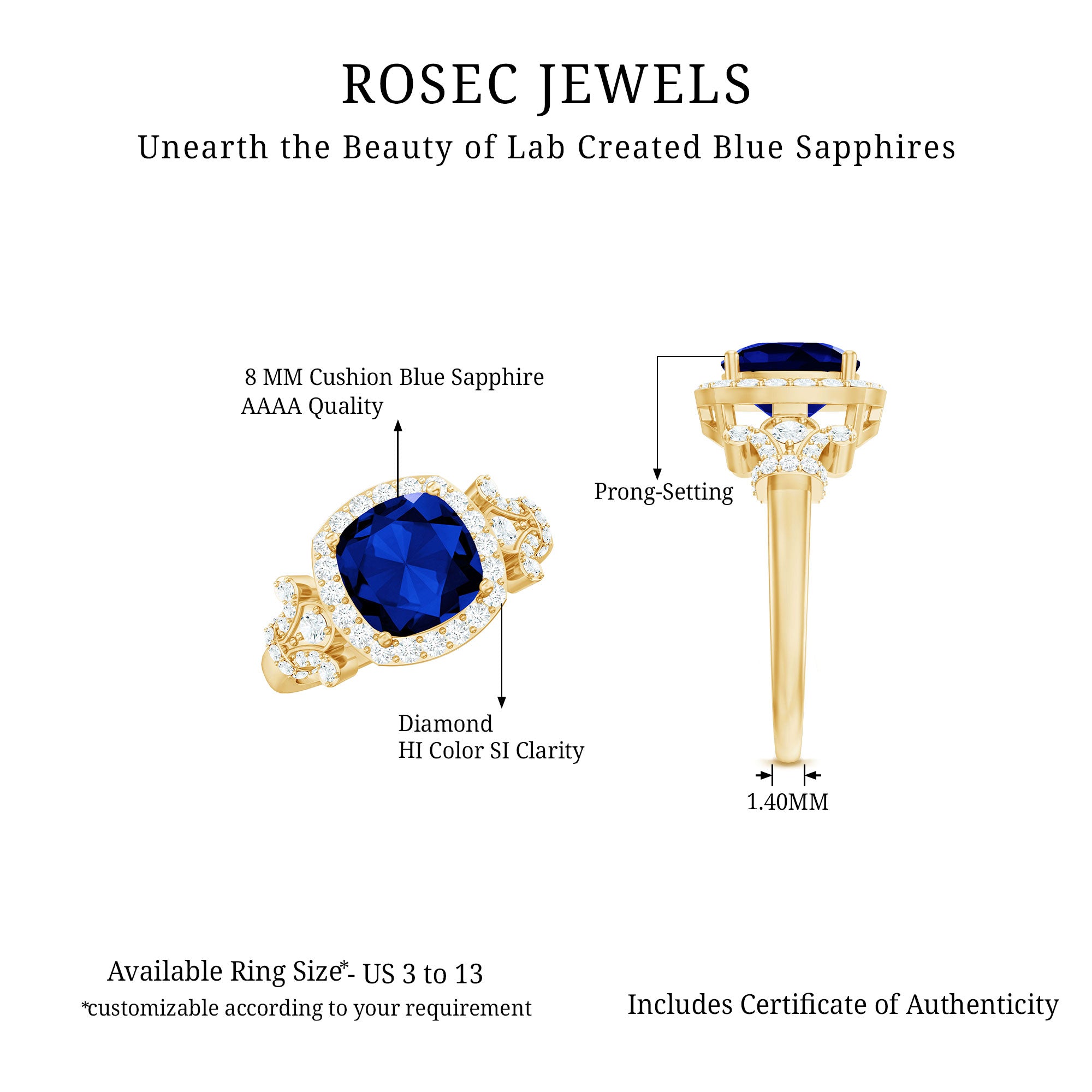 Rosec Jewels-3.5 CT Cushion Cut Created Blue Sapphire Engagement Ring with Diamond Accent