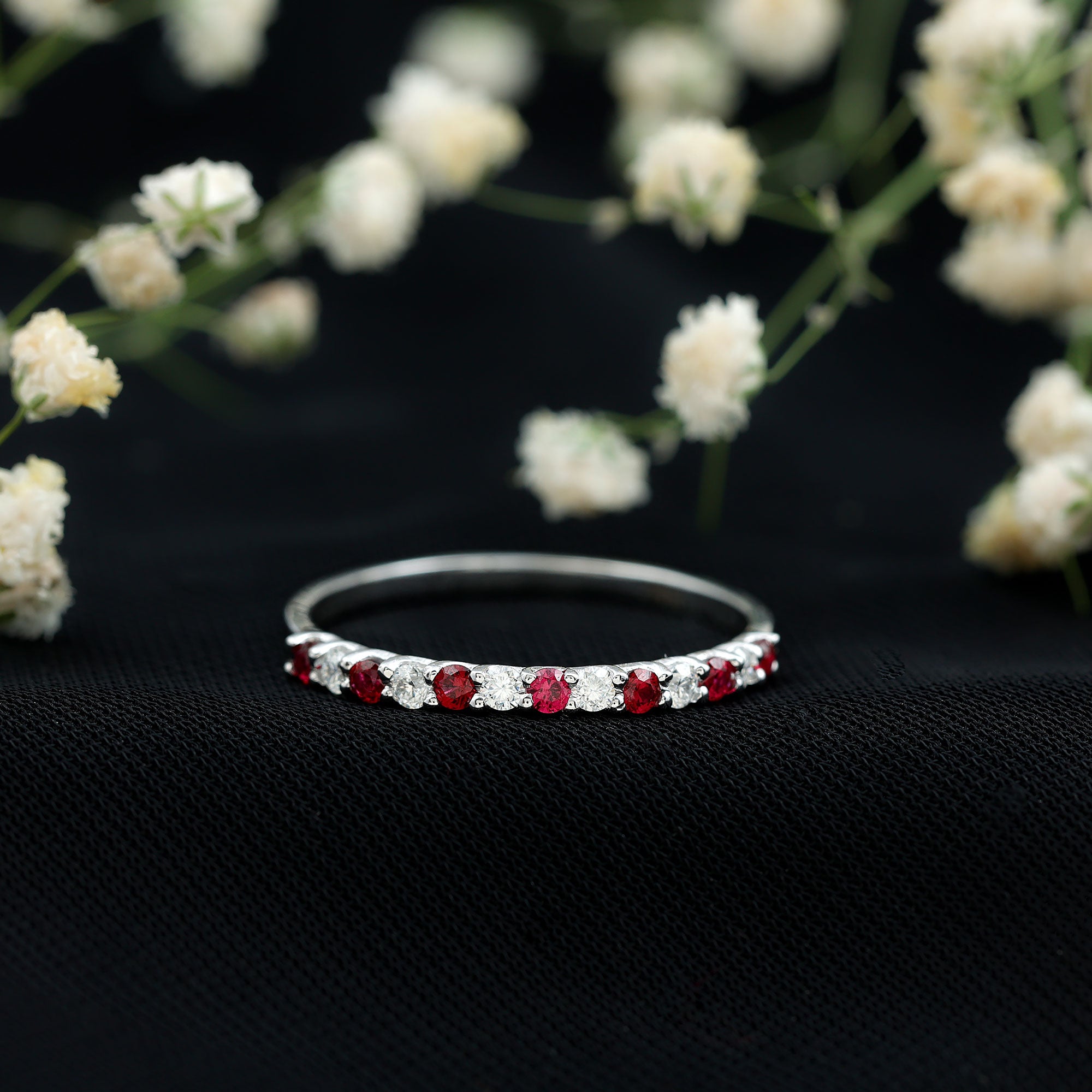 Lab Created Ruby and Diamond Stackable Band Ring AAAA - Rosec Jewels