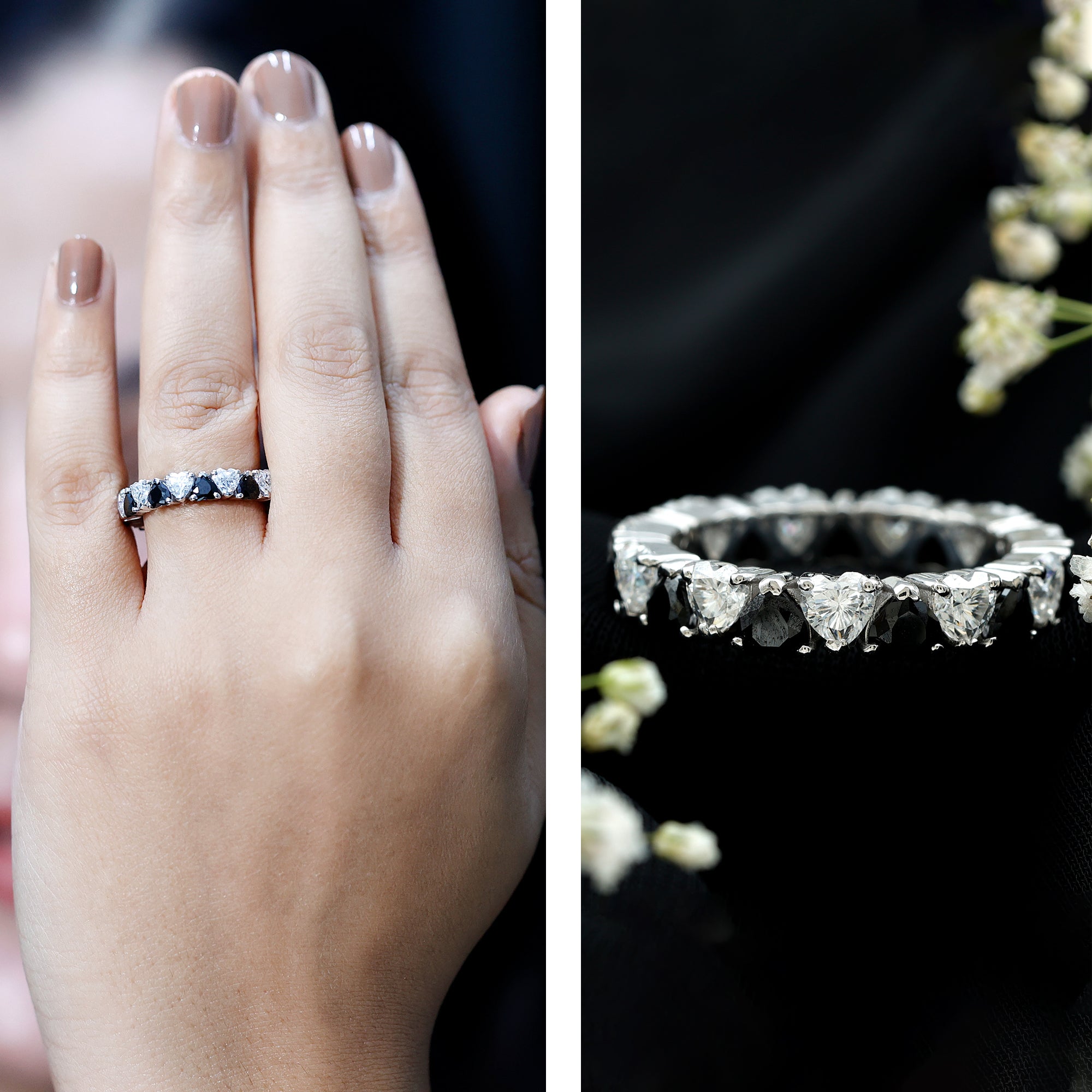 Heart Shape Lab Grown Black Diamond Eternity Band With Moissanite AAAA ( Synthetic ) - Rosec Jewels