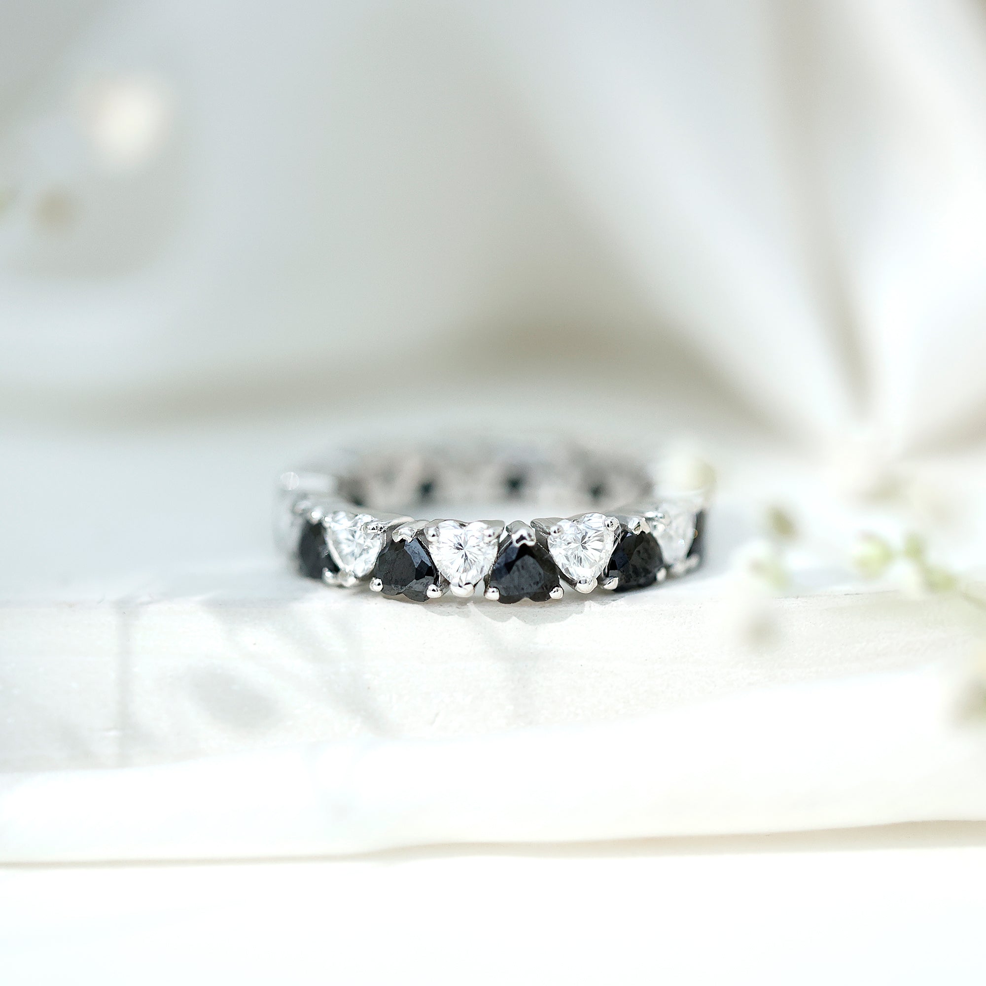Heart Shape Lab Grown Black Diamond Eternity Band With Moissanite AAAA ( Synthetic ) - Rosec Jewels