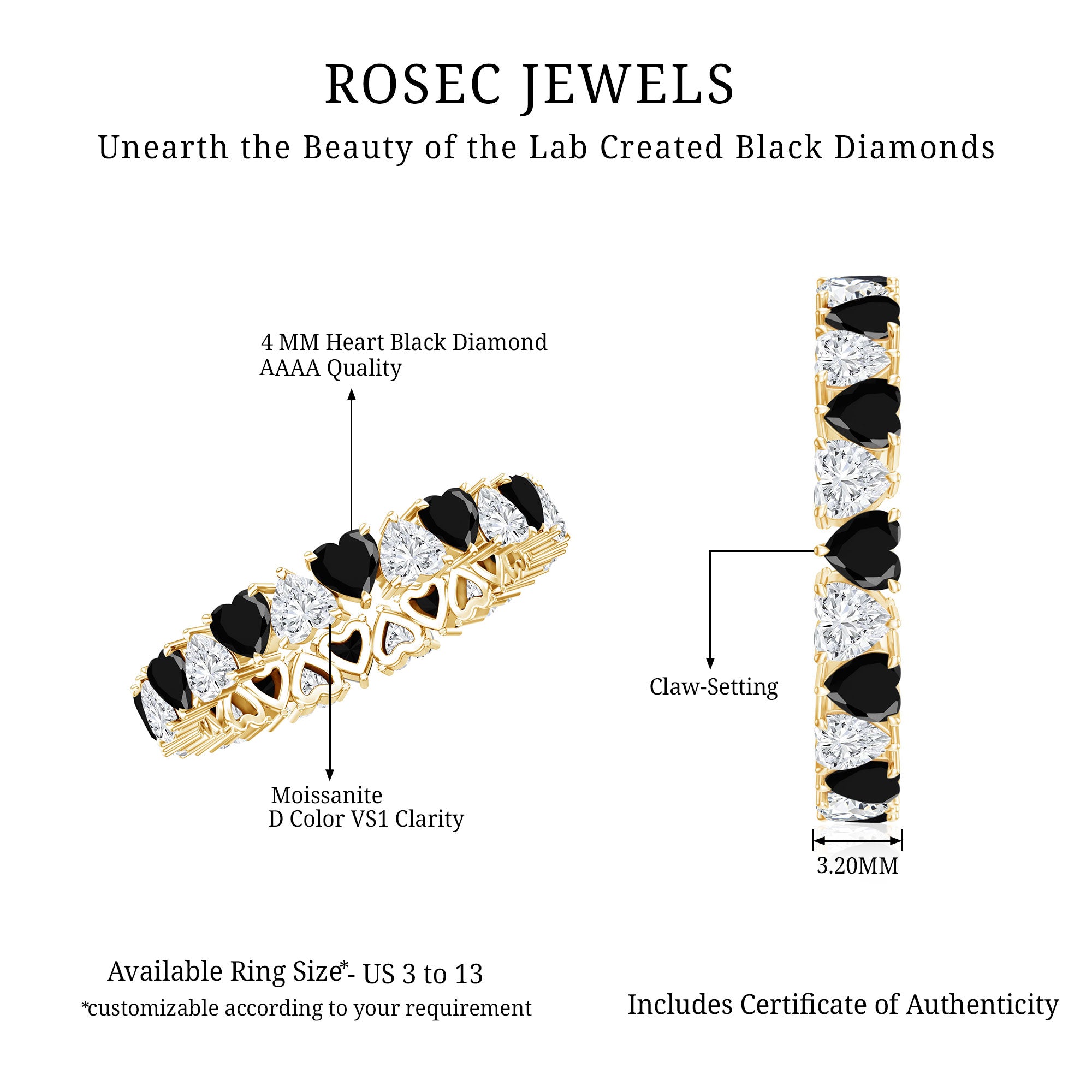 Heart Shape Lab Grown Black Diamond Eternity Band With Moissanite AAAA ( Synthetic ) - Rosec Jewels