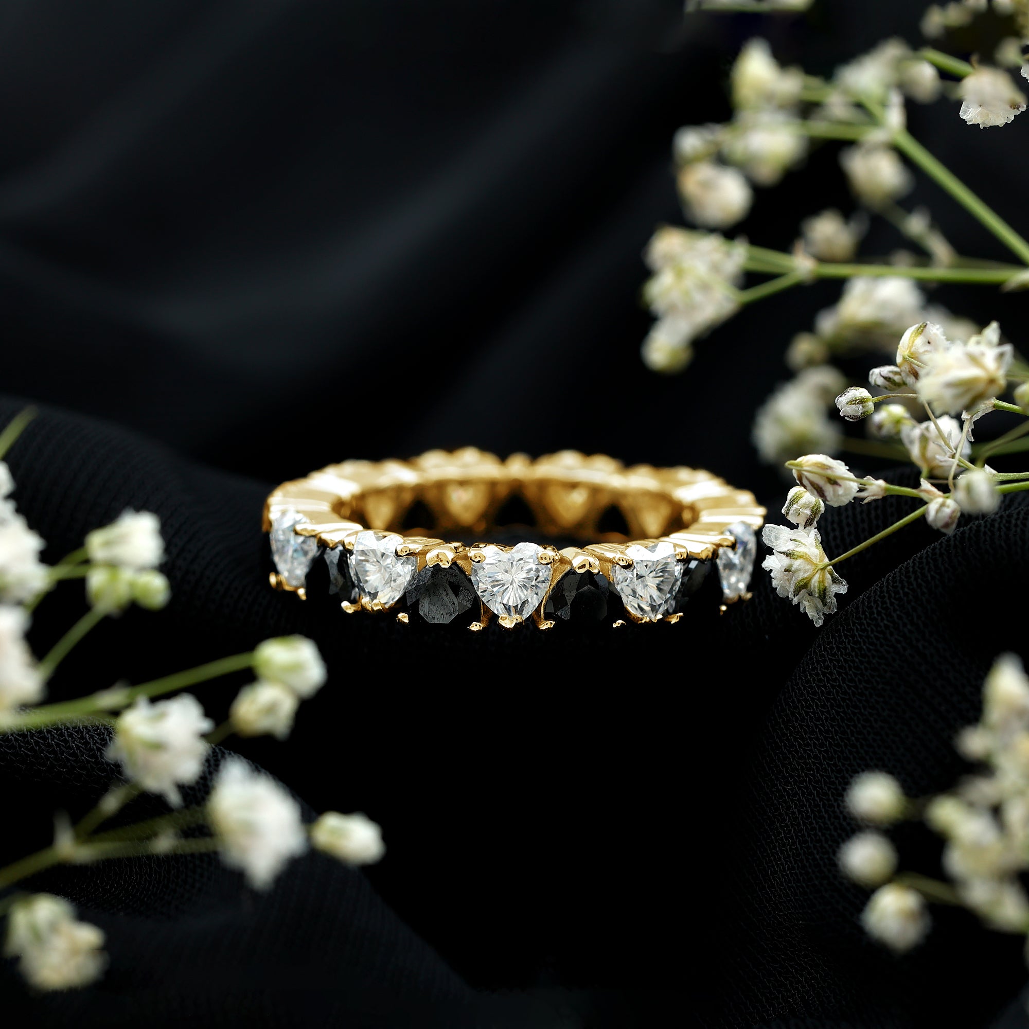 Heart Shape Lab Grown Black Diamond Eternity Band With Moissanite AAAA ( Synthetic ) - Rosec Jewels