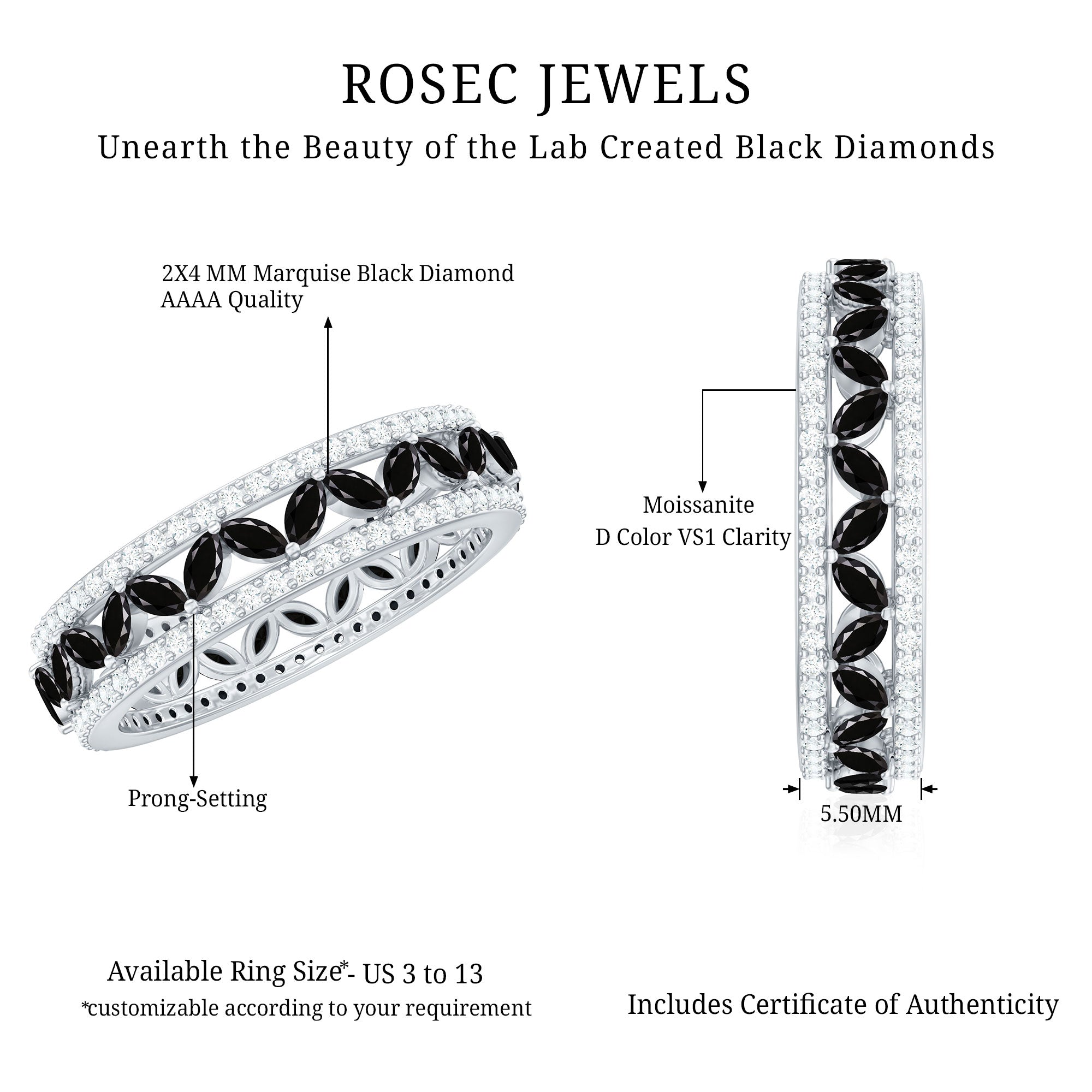Certified Lab Grown Black Diamond Wedding Band Ring with Moissanite AAAA ( Synthetic ) - Rosec Jewels