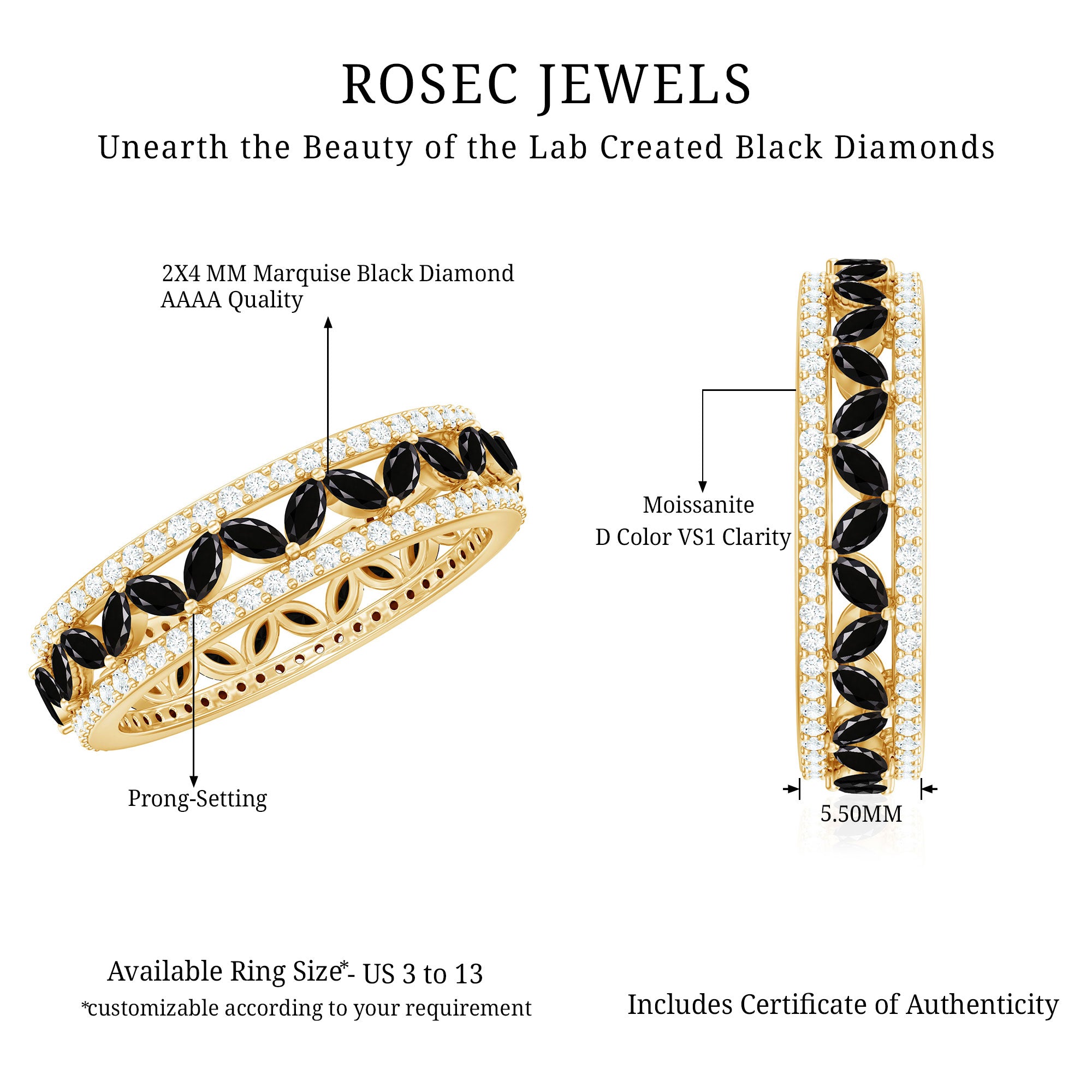 Certified Lab Grown Black Diamond Wedding Band Ring with Moissanite AAAA ( Synthetic ) - Rosec Jewels