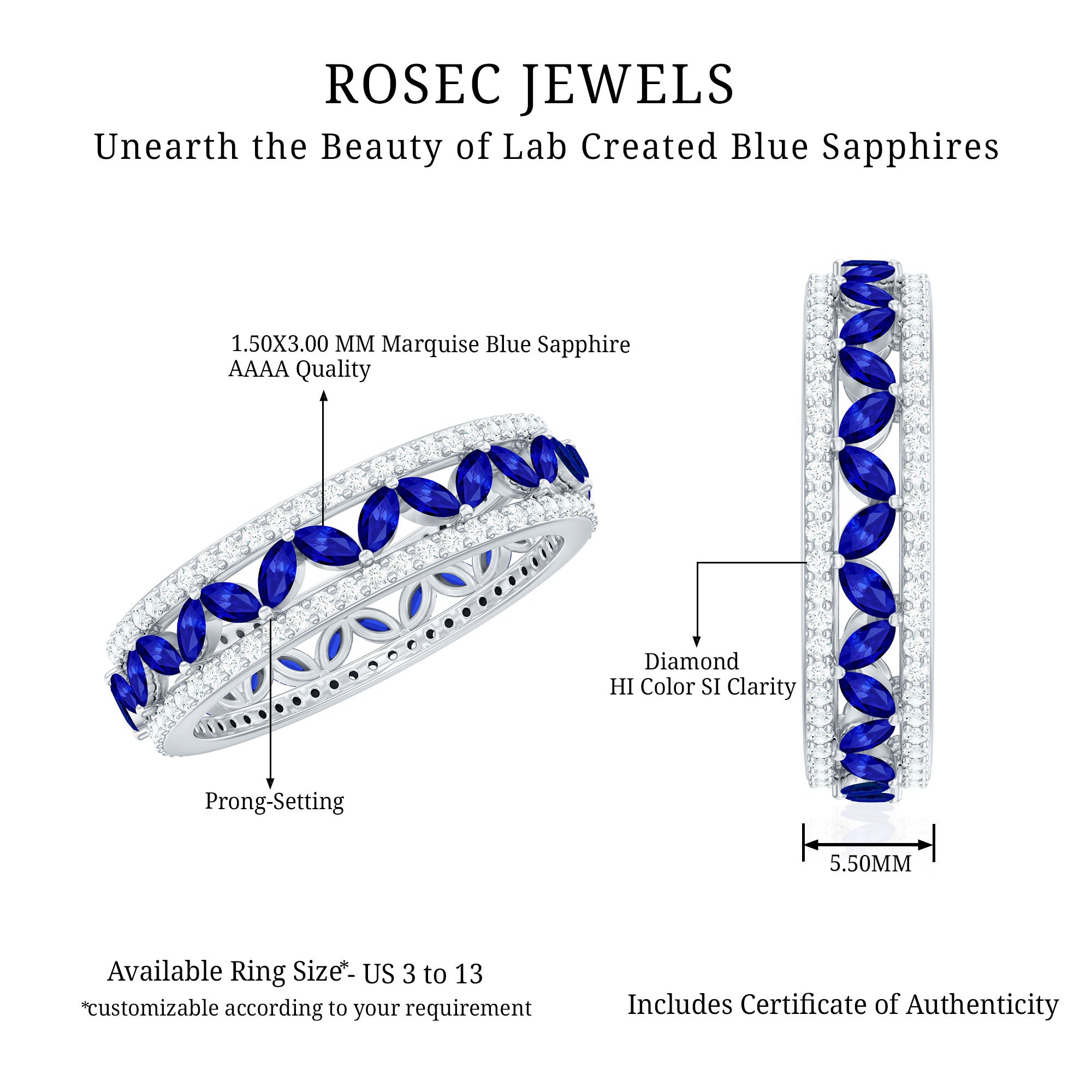 1.25 CT Elegant Created Blue Sapphire and Diamond Wedding Band Ring AAAA - Rosec Jewels