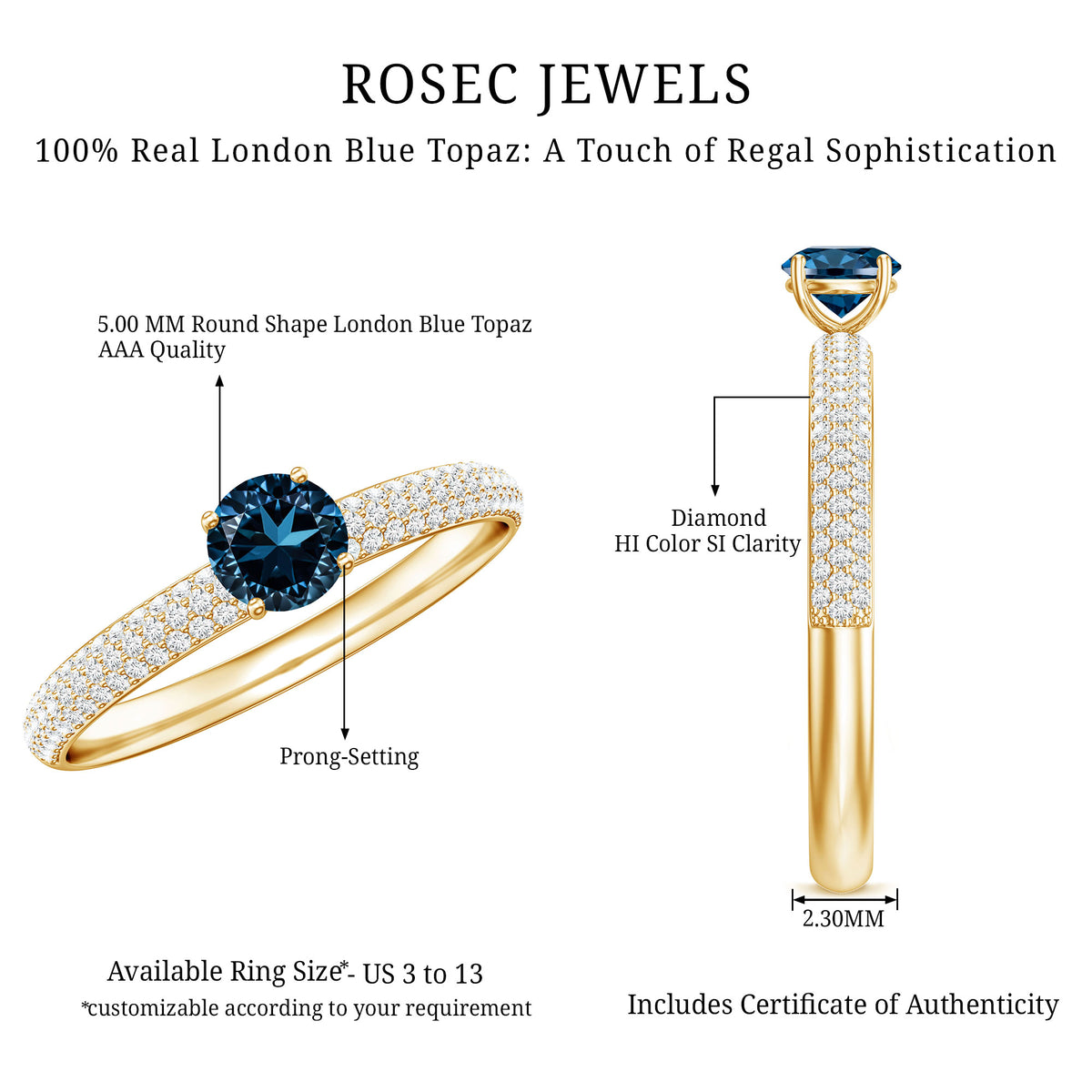 0.6 Carat London Blue Topaz Solitaire Promise Ring with Diamond AAA - Rosec Jewels