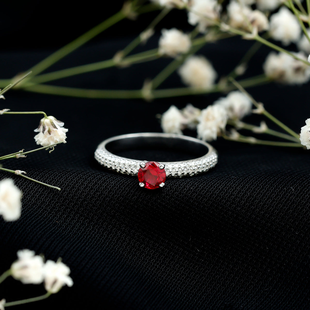 Lab Created Ruby Solitaire Ring with Moissanite Side Stones AAAA - Rosec Jewels