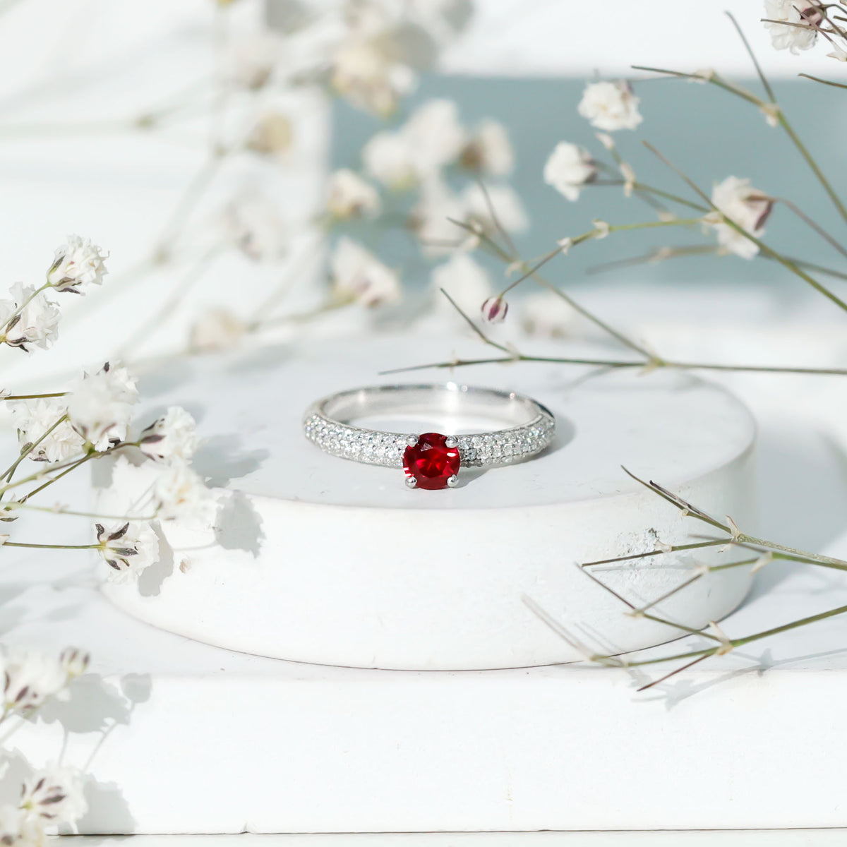 Lab Created Ruby Solitaire Ring with Moissanite Side Stones AAAA - Rosec Jewels