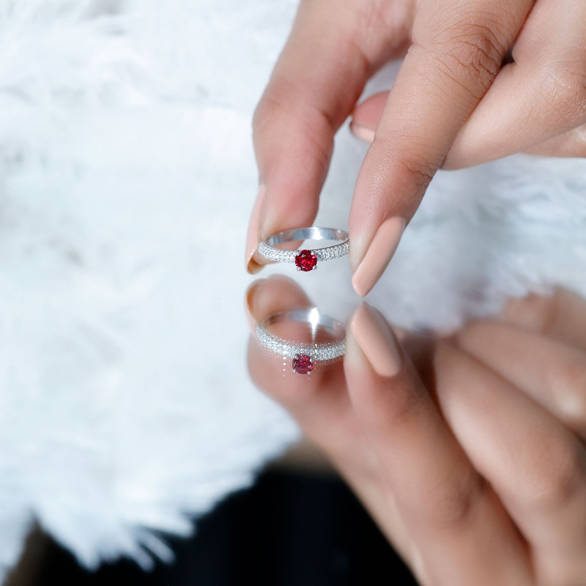 Lab Created Ruby Solitaire Ring with Moissanite Side Stones AAAA - Rosec Jewels