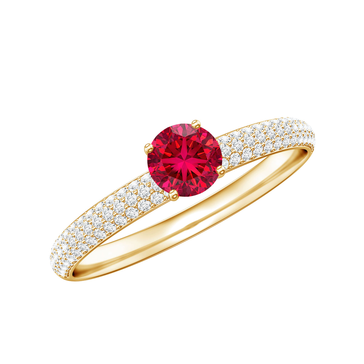 Lab Created Ruby Solitaire Ring with Moissanite Side Stones AAAA - Rosec Jewels