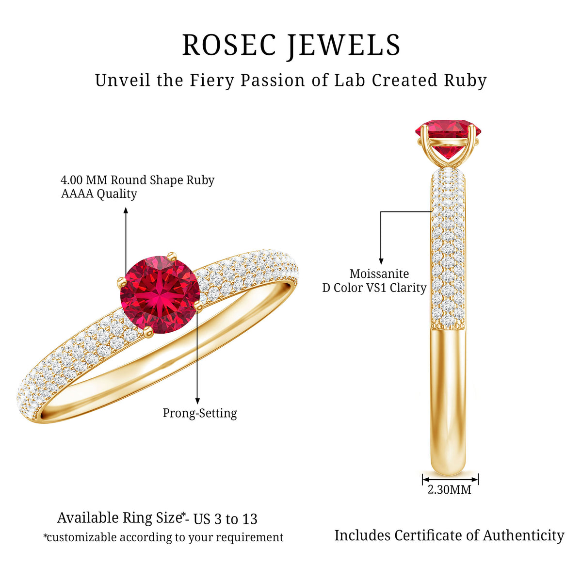 Lab Created Ruby Solitaire Ring with Moissanite Side Stones AAAA - Rosec Jewels