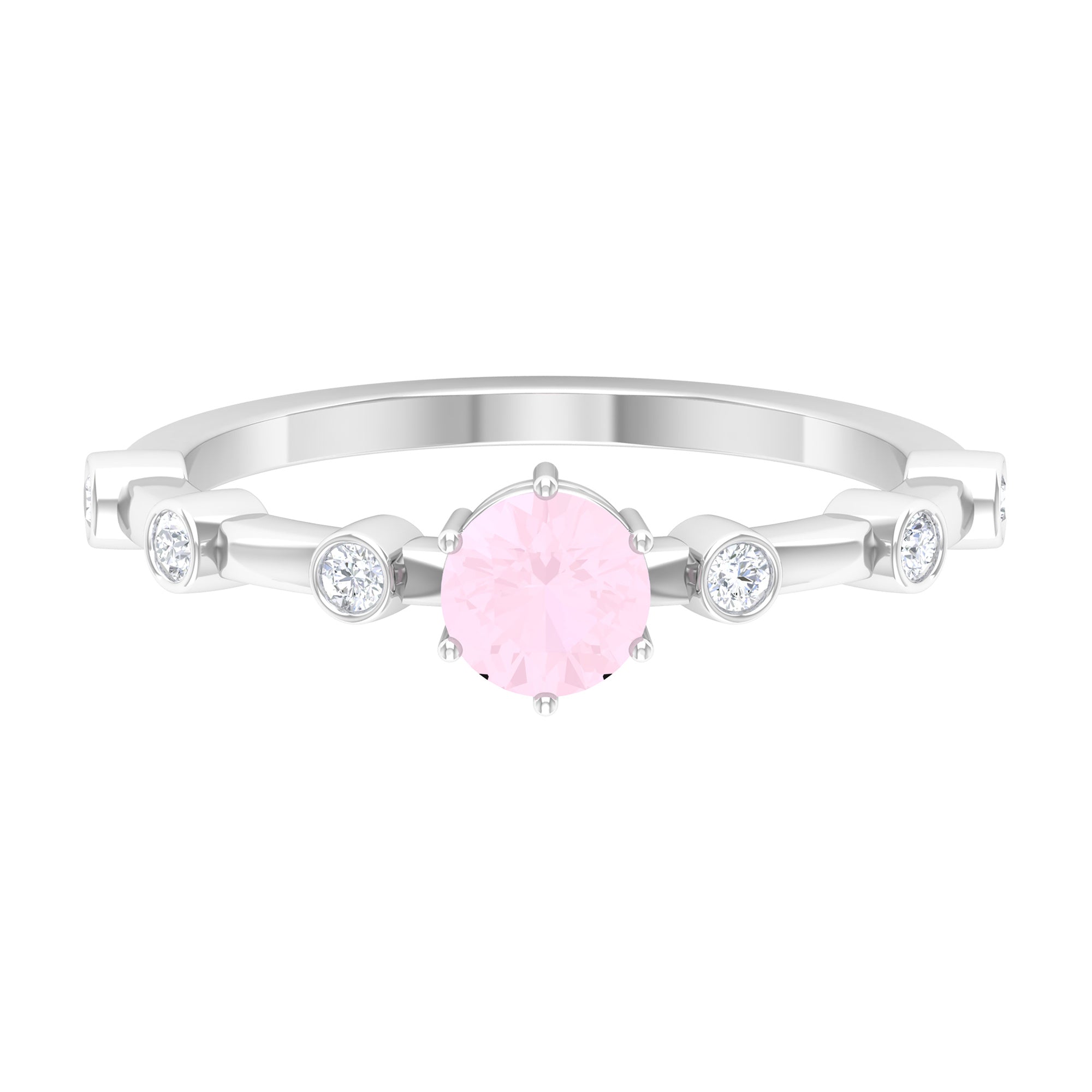 6 Prong Set Solitaire Rose Quartz Ring with Spaced Diamond