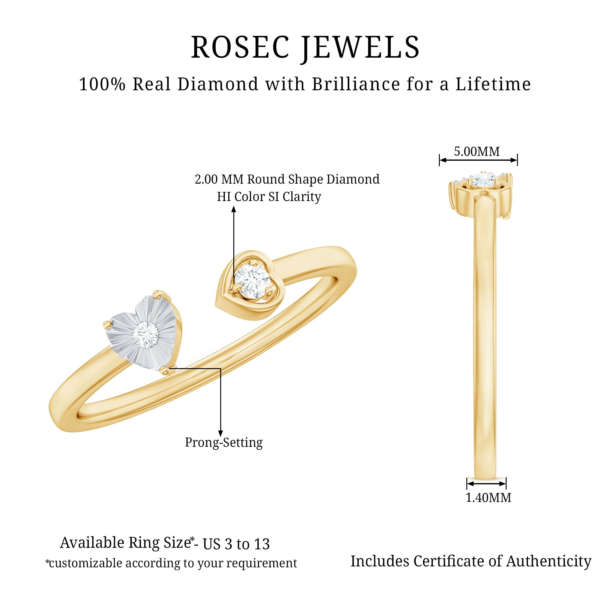 Certified Real Diamond Heart Promise Ring in Cuff Style Natural - ( HI-SI ) - Rosec Jewels