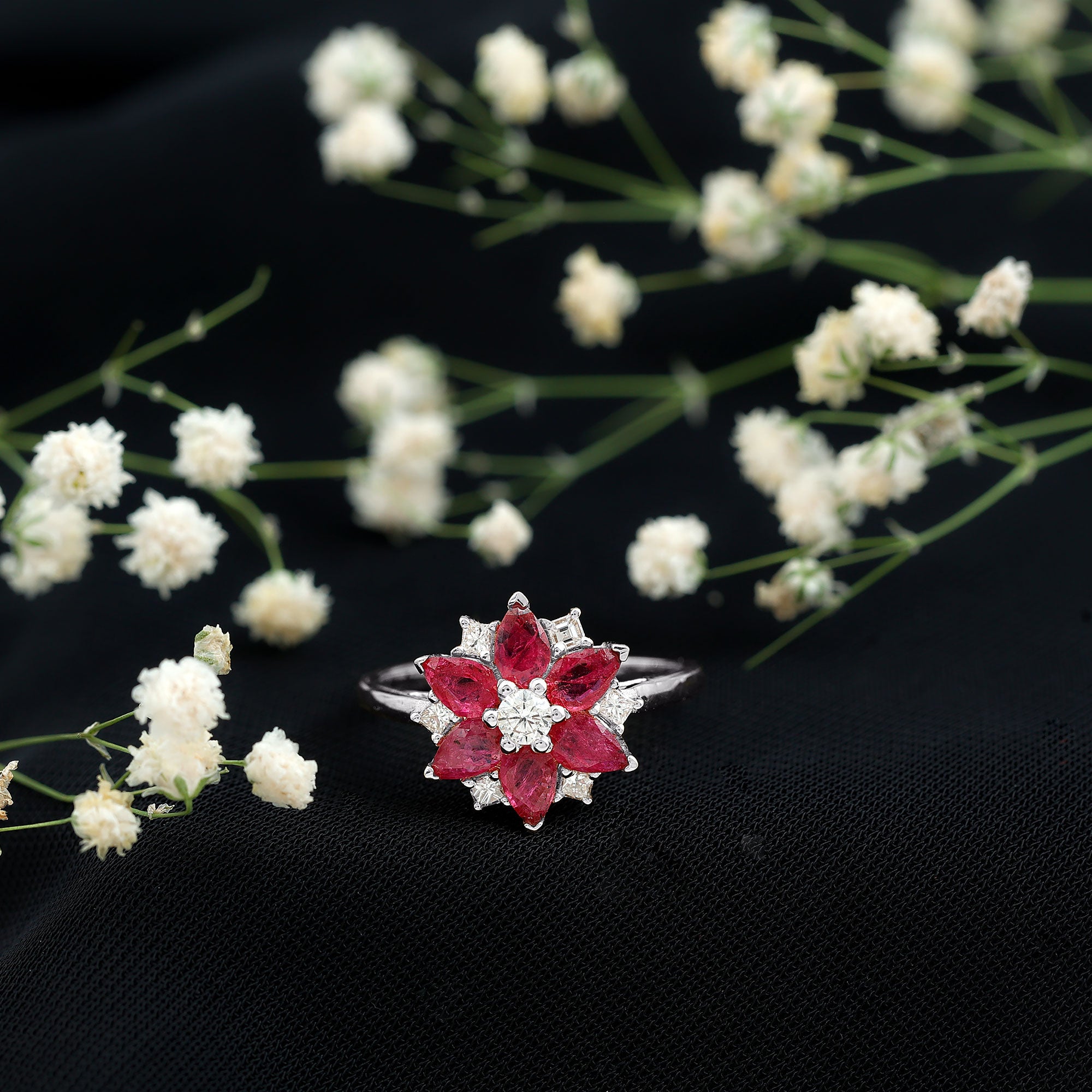 Rosec Jewels-Natural 1.8 Carat Ruby Diamond Flower Engagement Ring for Women