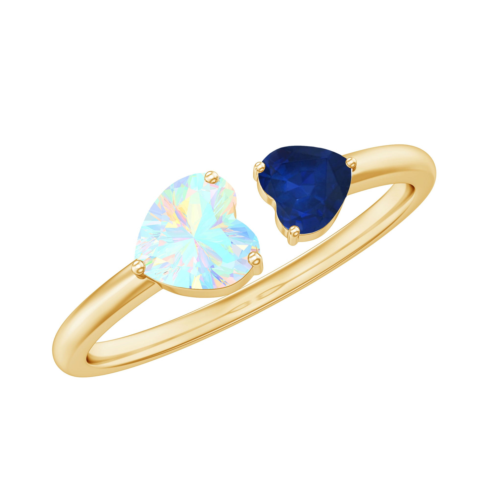 Natural Heart Shape Ethiopian Opal and Blue Sapphire 2 Stone Promise Ring AAA - Rosec Jewels