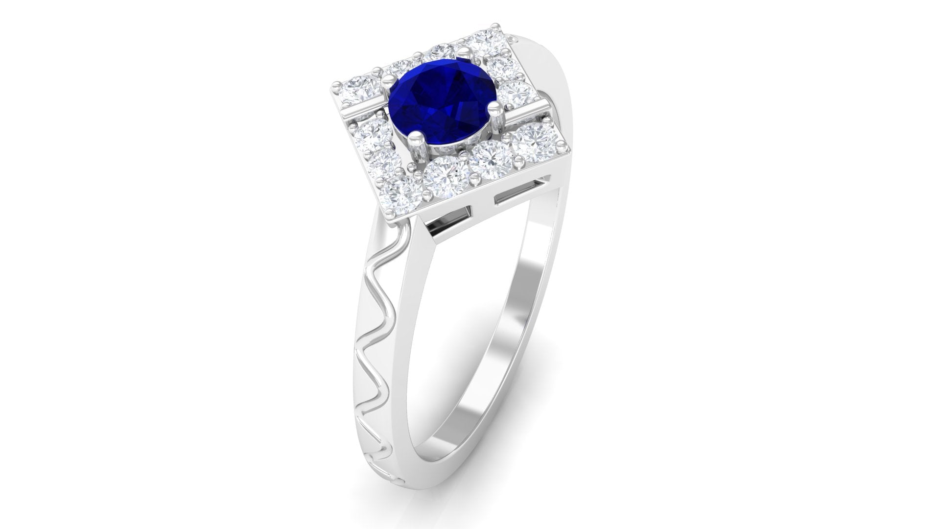 3/4 CT Minimal Blue Sapphire and Diamond Ring with Textured Details AAA - Rosec Jewels