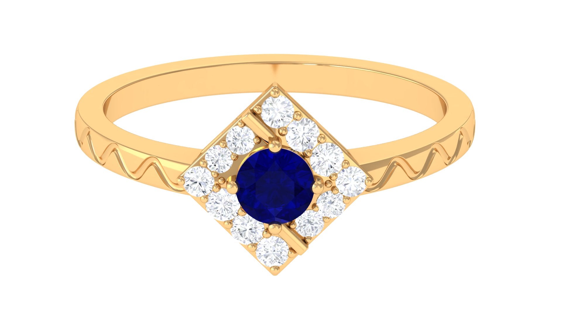 3/4 CT Minimal Blue Sapphire and Diamond Ring with Textured Details AAA - Rosec Jewels