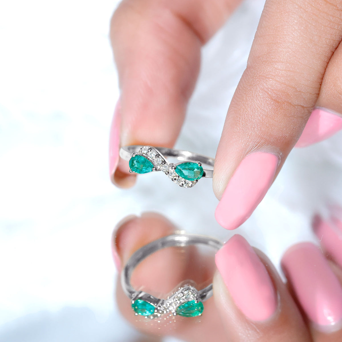 Natural Pear Emerald and Diamond Infinity Promise Ring AAA - Rosec Jewels