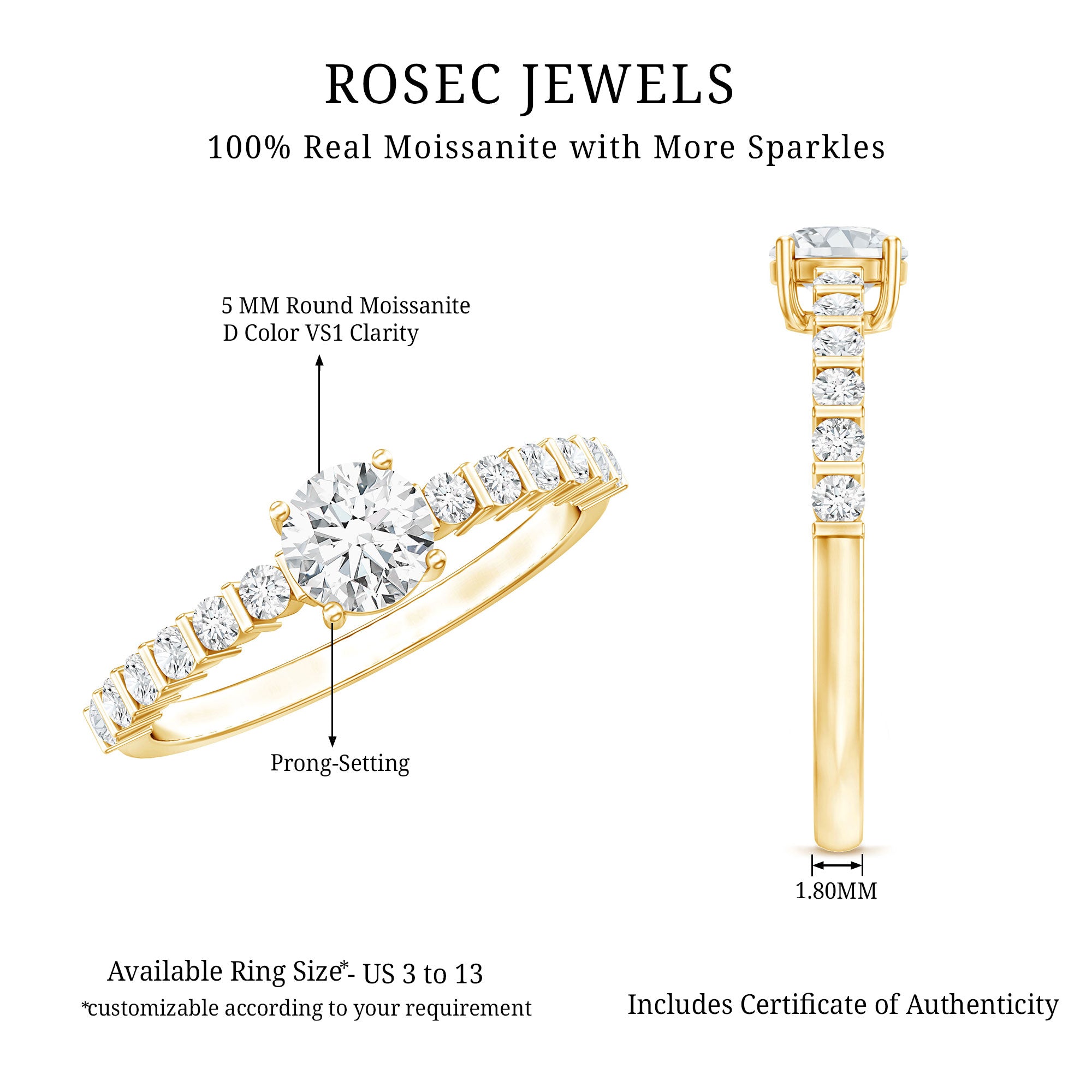 Round Brilliant Cut Moissanite Proposal Ring D-VS1 - Rosec Jewels